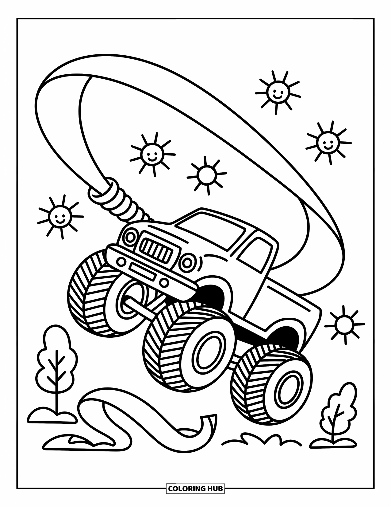 Desenho de caminhão monstro para colorir para adultos: Um caminhão monstro fofo segura uma fita gigante, cercado por sóis sorrindo e pequenas árvores