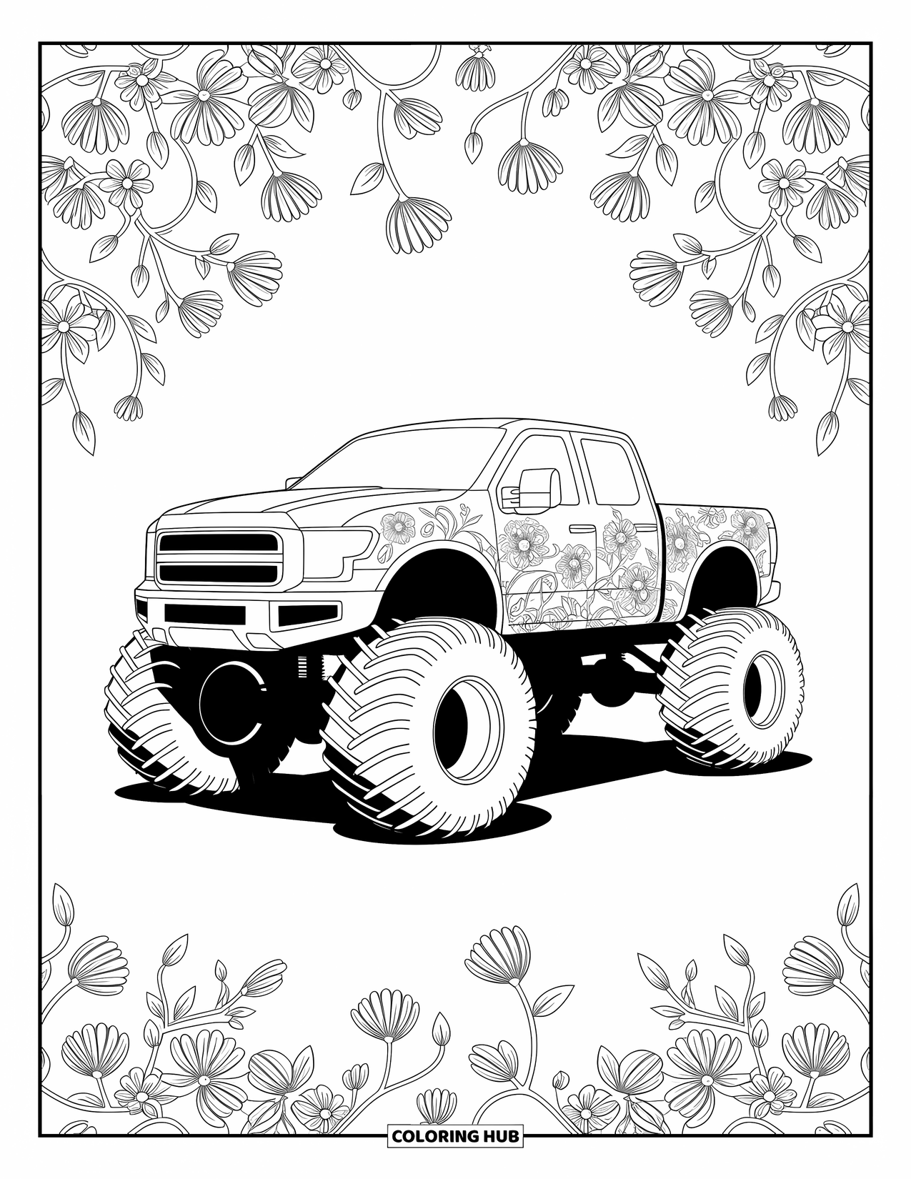 Desenho de caminhão monstro para colorir para adultos: Um caminhão monstro com gravuras florais e padrões de vinhas intrincados se destaca contra um elegante pano de fundo decorativo