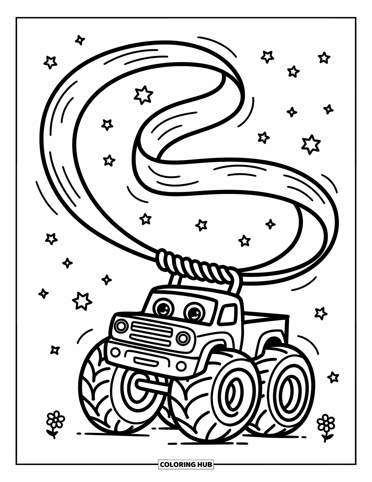 Desenho de caminhão monstro para colorir para adultos: Um caminhão monstro amigável segura uma fita esvoaçante, cercado por pequenas flores e estrelas