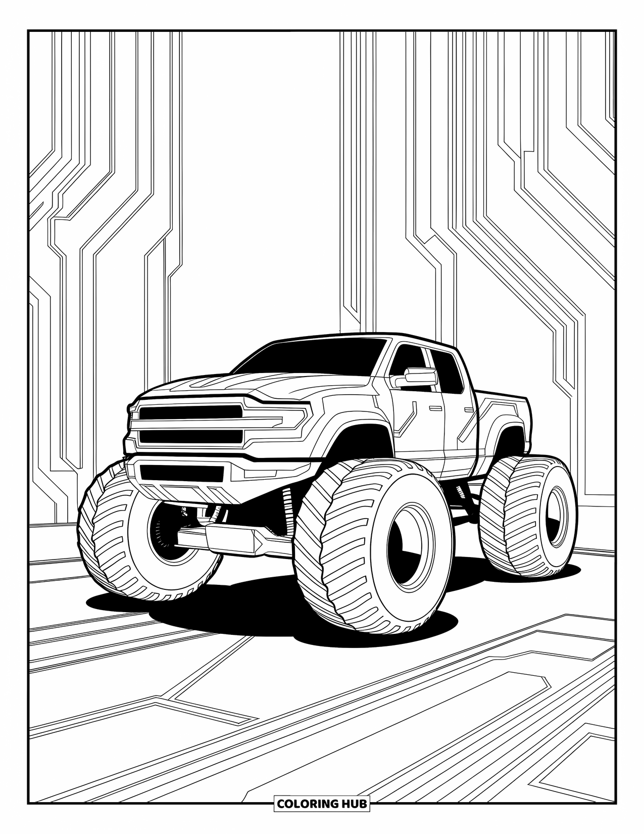 Desenho de caminhão monstro para colorir para adultos: Um caminhão monstro futurista com gravuras semelhantes a circuitos se destaca contra uma paisagem urbana de ficção científica cheia de detalhes elegantes