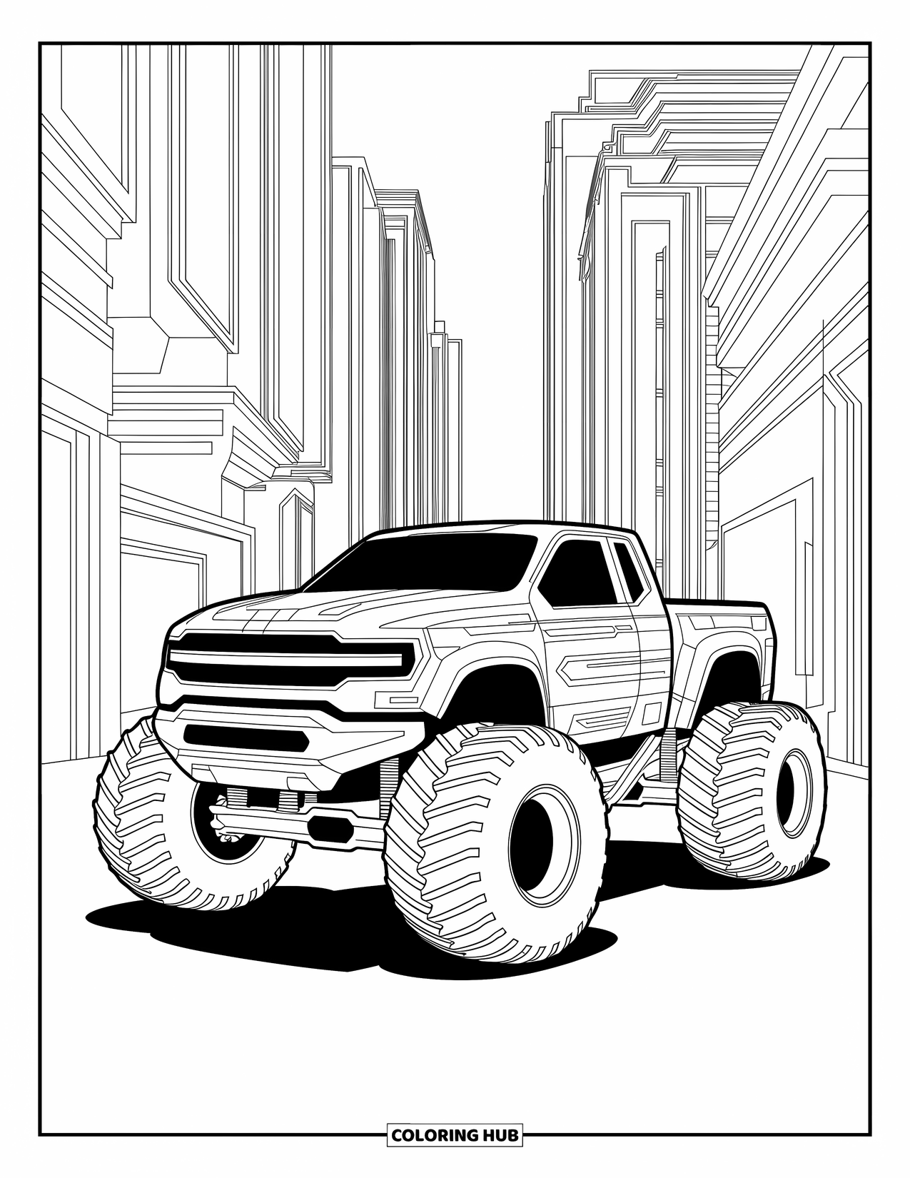 Desenho de caminhão monstro para colorir para adultos: Um caminhão monstro futurista com gravuras elegantes e designs angulares se destaca contra uma cidade cibernética detalhada