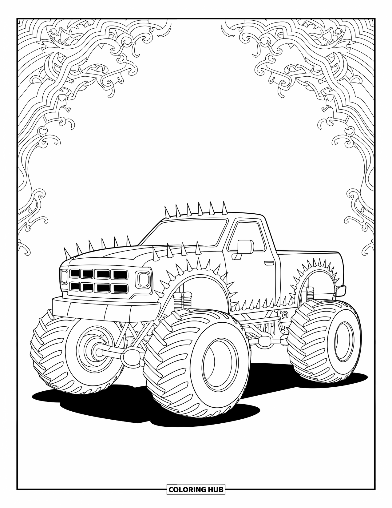 Desenho de caminhão monstro para colorir para adultos: Um caminhão monstro de inspiração gótica com gravuras intrincadas e gárgulas fica em um cenário misterioso e sombrio