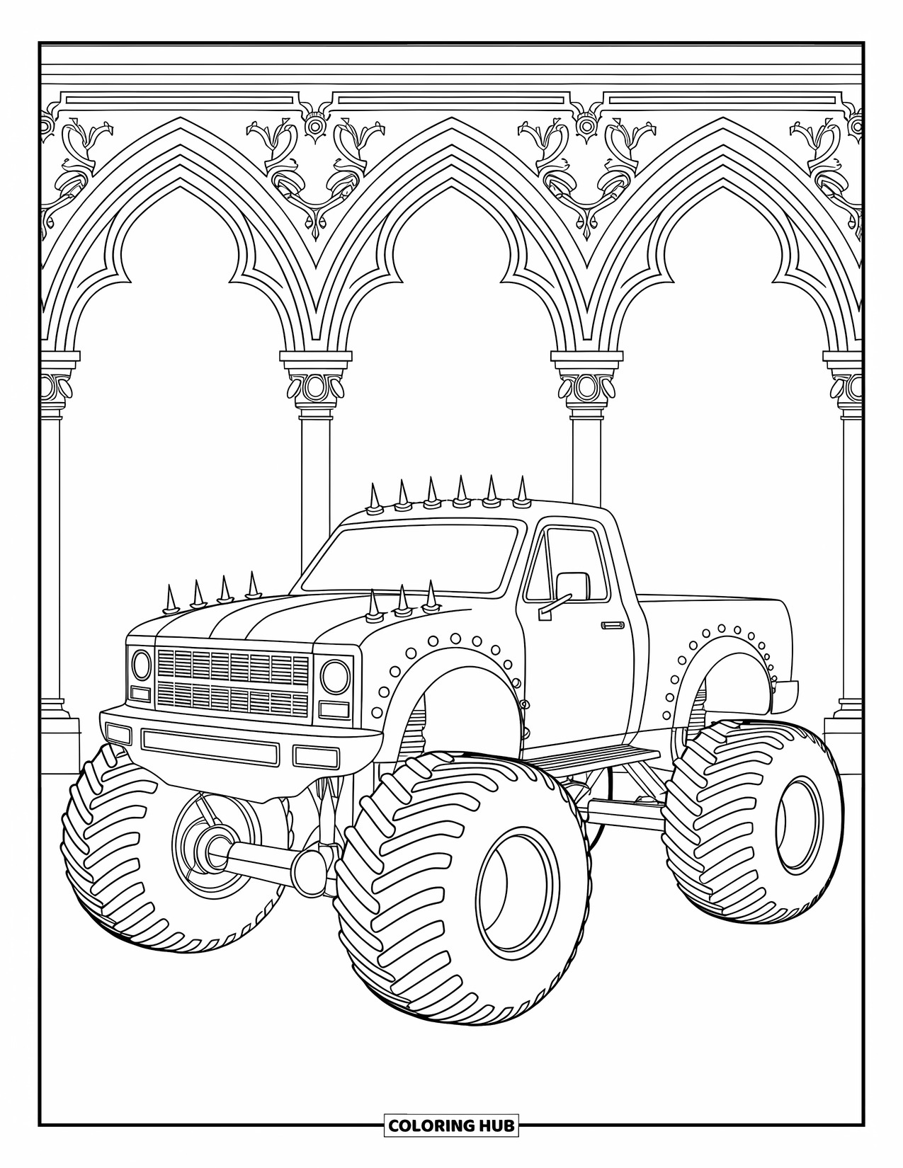 Desenho de caminhão monstro para colorir para adultos: Um caminhão monstro de estilo gótico com detalhes de ferro forjado e vinhas retorcidas fica perto de arcos imponentes
