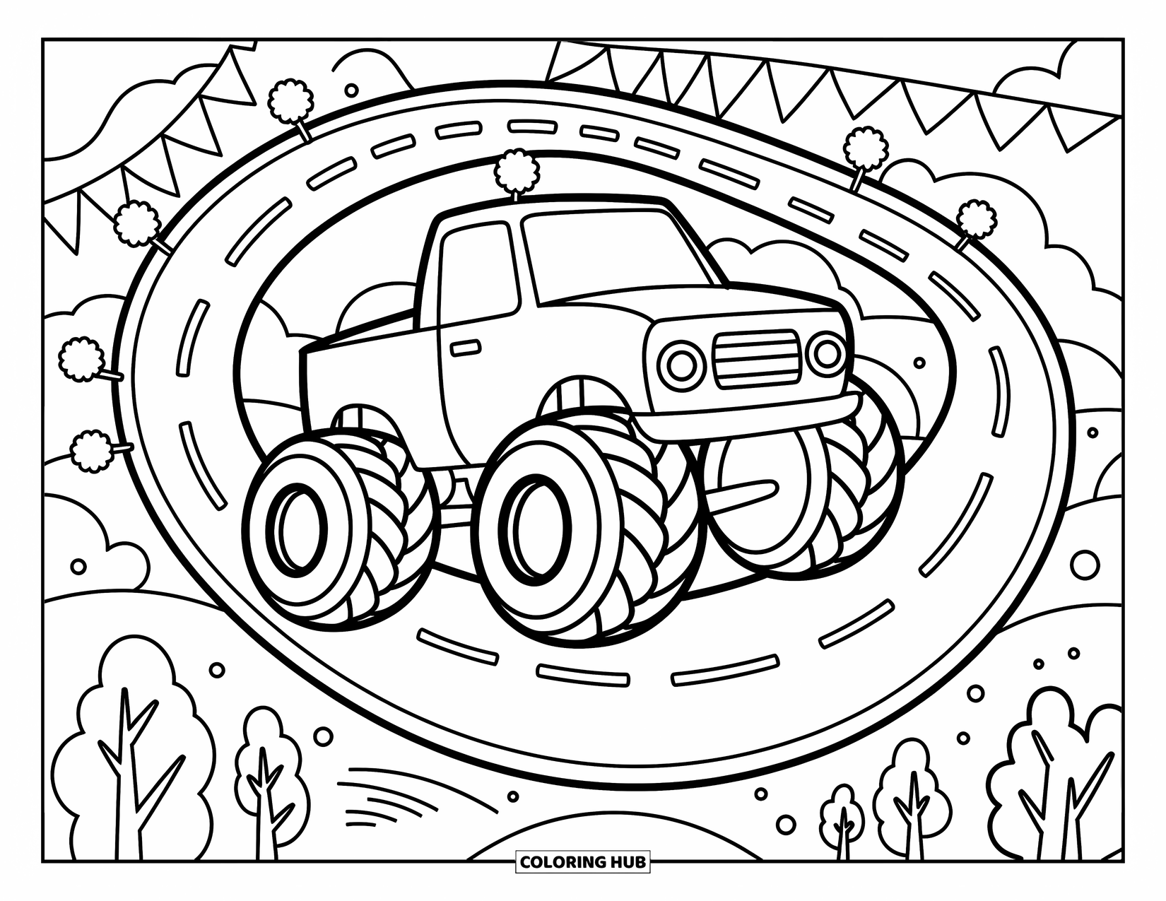 Desenho de caminhão monstro para colorir para adultos: Um caminhão monstro feliz com pneus enormes segue uma estrada sinuosa através de colinas e árvores