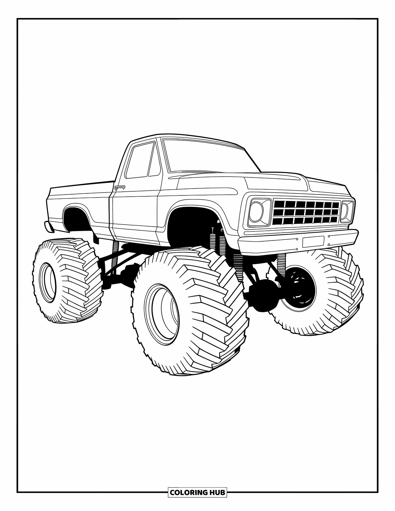Desenho de caminhão monstro para colorir para adultos: Uma planta de caminhão monstro altamente detalhada apresenta contornos limpos, peças mecânicas e detalhes de engenharia precisos