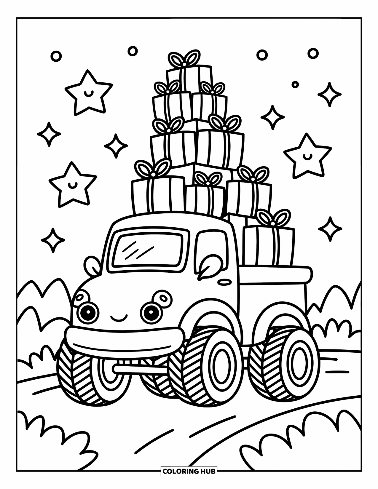 Desenho de caminhão monstro para colorir para adultos: Um caminhão monstro kawaii carrega cuidadosamente uma pilha de pequenos pacotes instáveis através de uma cena mágica