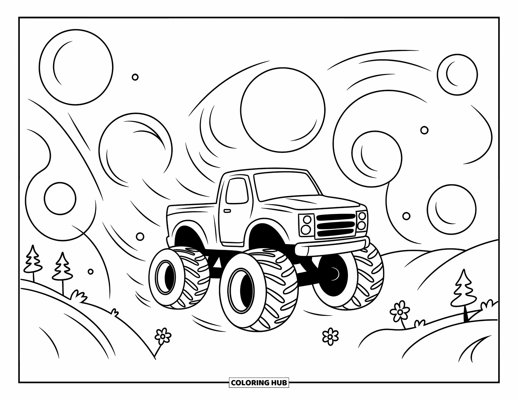 Desenho de caminhão monstro para colorir para adultos: Um caminhão monstro kawaii inclina suas rodas enquanto derrapa através de bolhas flutuantes enormes