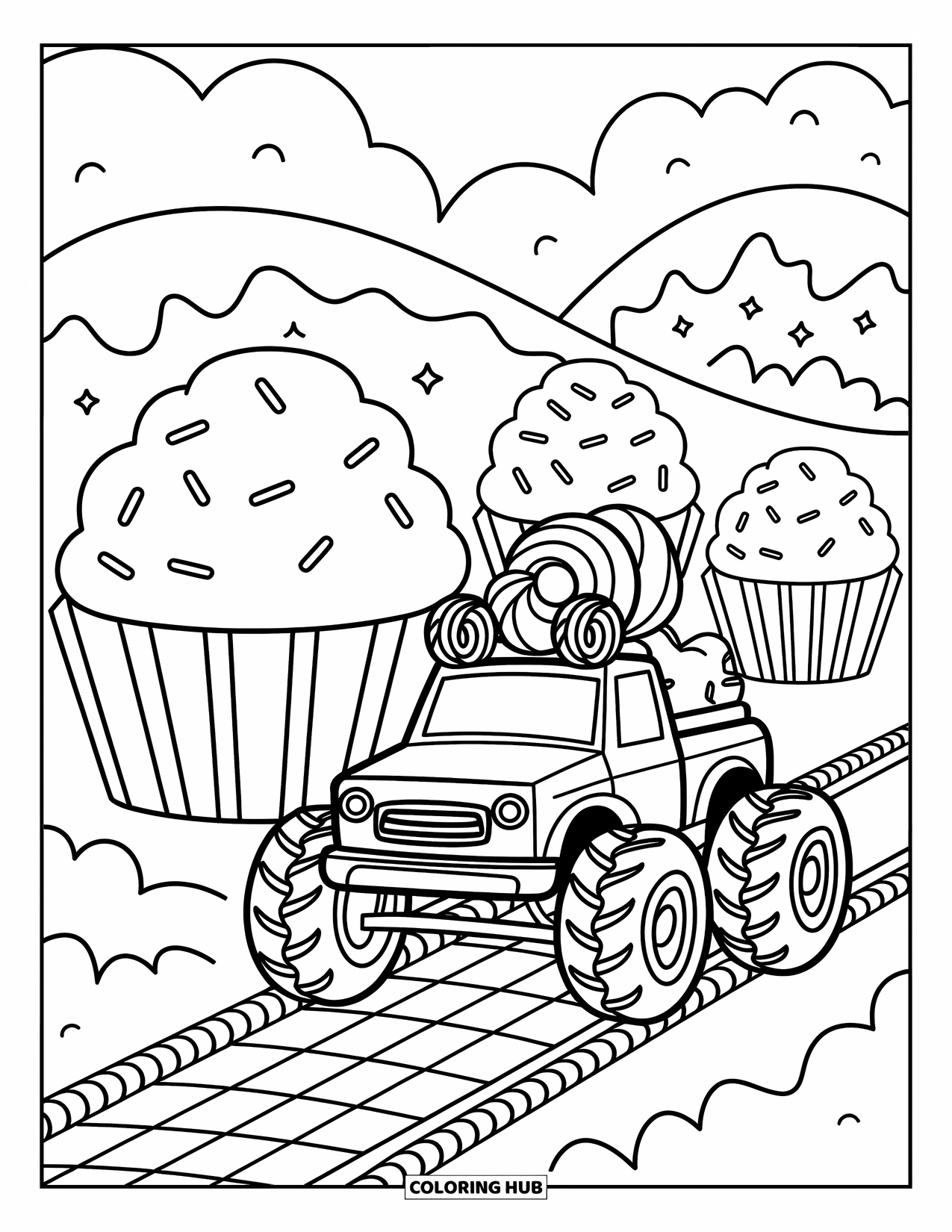 Desenho de caminhão monstro para colorir para adultos: Um caminhão monstro kawaii passa por cupcakes gigantes, correndo em direção a uma linha de chegada de bengala doce