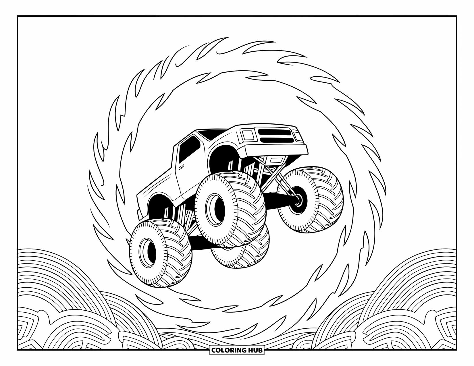 Desenho de caminhão monstro para colorir para adultos: Um caminhão monstro avança através de um anel de fogo, chamas se retorcendo e enrolando em padrões intrincados