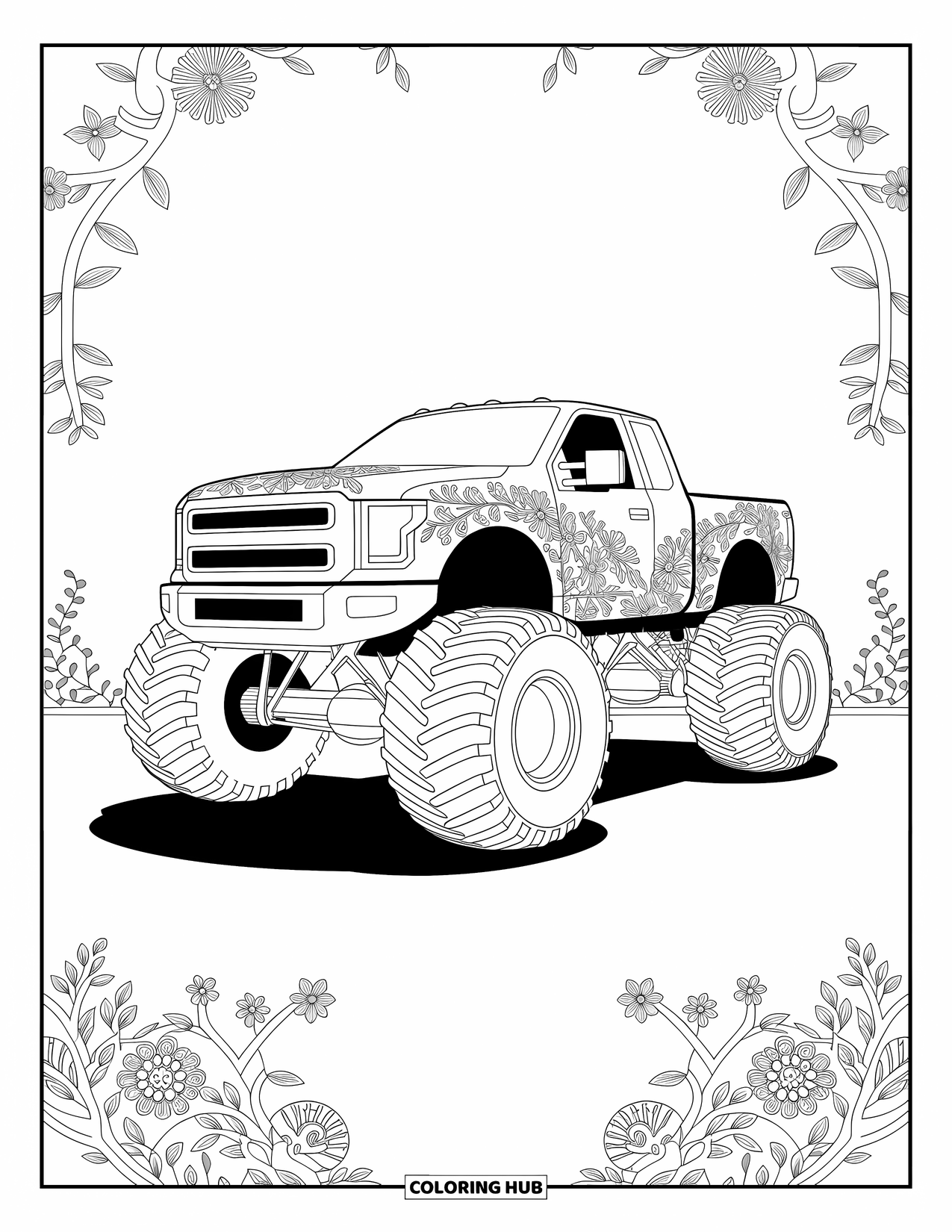 Desenho de caminhão monstro para colorir para adultos: Um caminhão monstro coberto de delicadas gravuras florais e de vinhas se destaca contra um fundo artístico detalhado