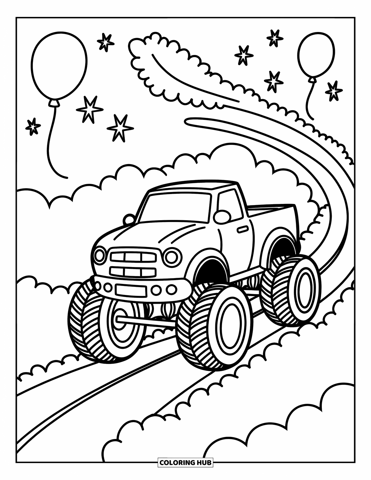 Desenho de caminhão monstro para colorir para adultos: Um caminhão monstro derrapa ao longo de uma estrada de nuvens fofas, deixando rastros suaves e ondulantes