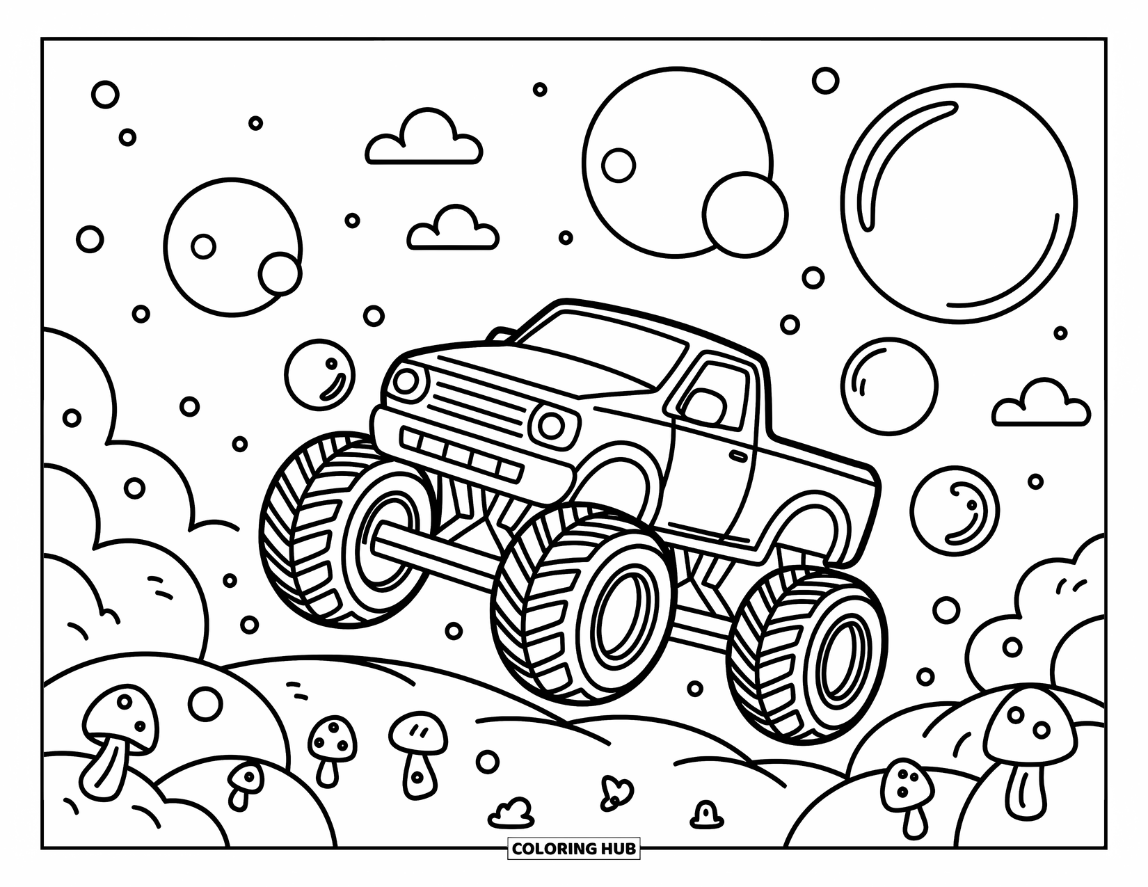 Desenho de caminhão monstro para colorir para adultos: Um caminhão monstro derrapa por um mundo mágico de bolhas flutuantes, cercado por pequenos cogumelos e nuvens