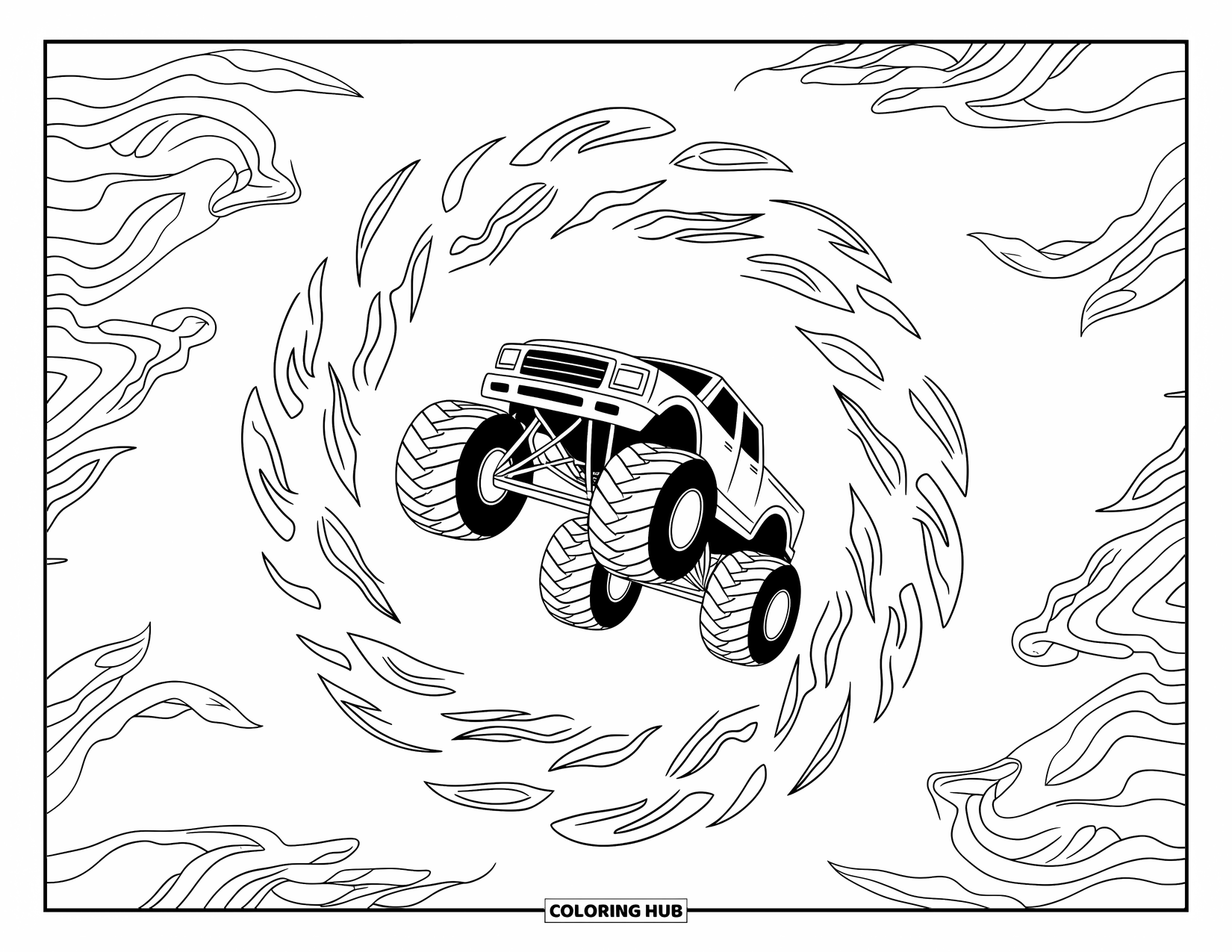 Desenho de caminhão monstro para colorir para adultos: Um caminhão monstro voa através de um anel de fogo, com chamas se enrolando em torno de seus pneus no ar