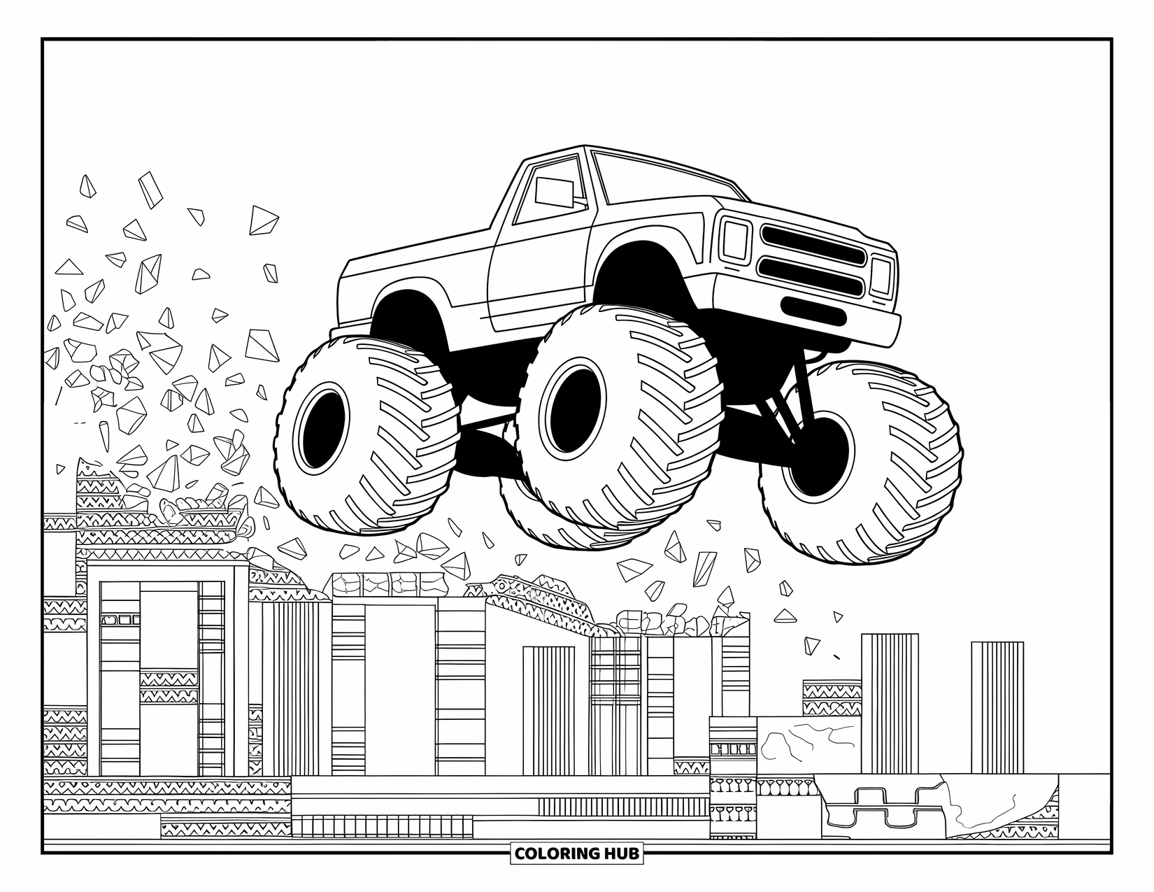 Desenho de caminhão monstro para colorir para adultos: Um caminhão monstro avança sobre ruínas desmoronando, com suas rodas levantando poeira e fragmentos arquitetônicos espalhados