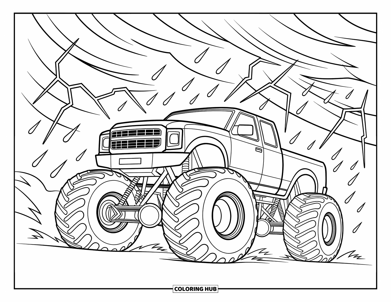 Desenho de caminhão monstro para colorir para adultos: Um caminhão monstro ruge através de uma tempestade de raios feroz, cercado por ventos giratórios e raios crepitantes