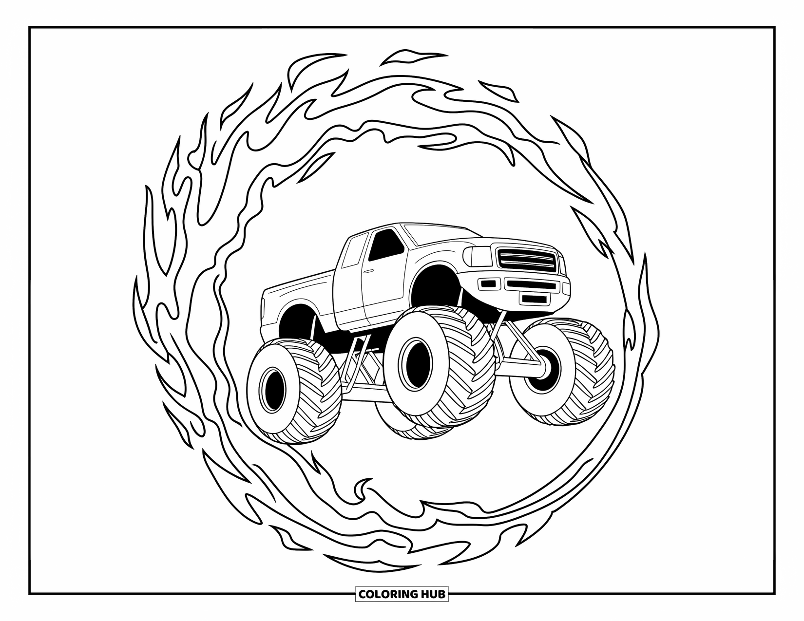 Desenho de caminhão monstro para colorir para adultos: Um caminhão monstro voa no ar, atravessando um anel de fogo flamejante com chamas giratórias