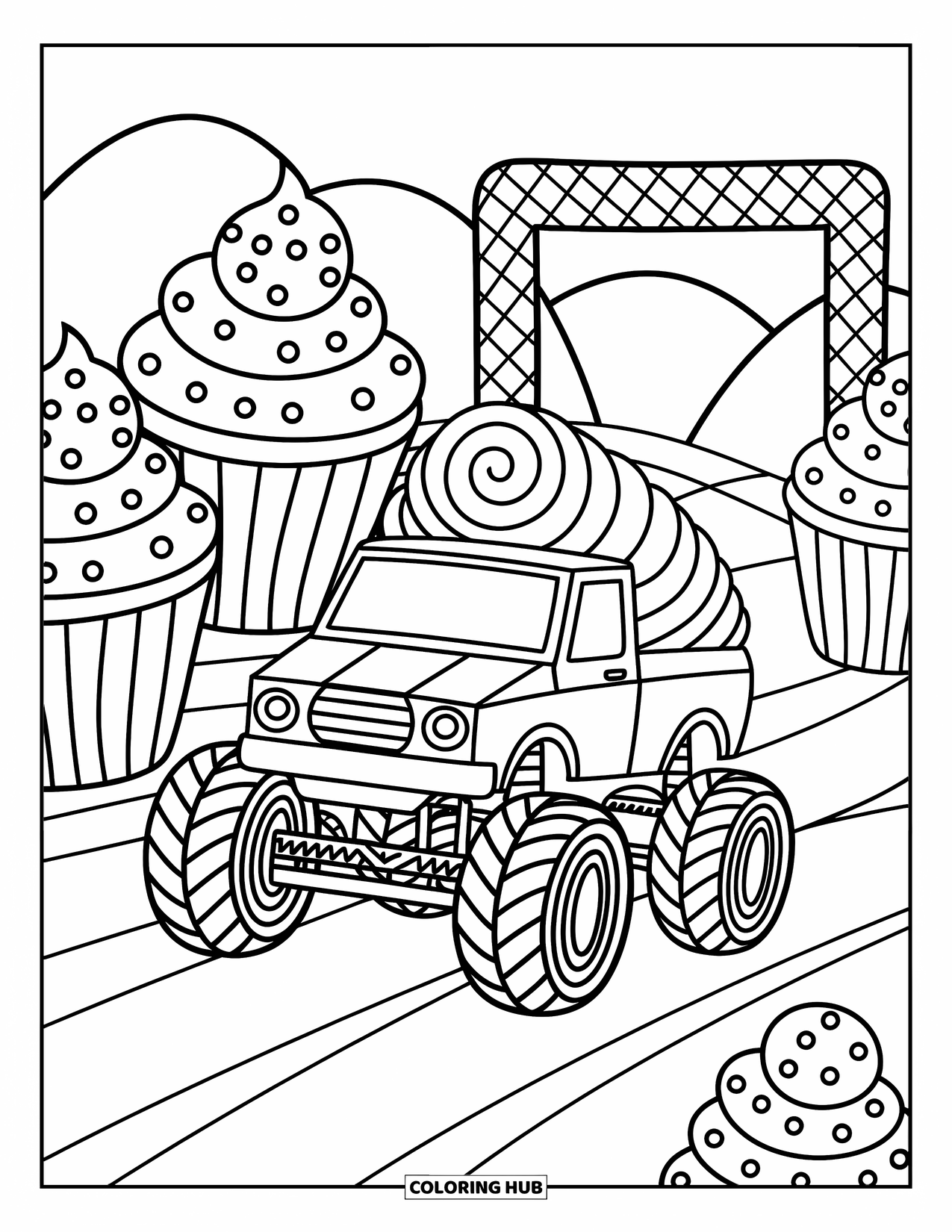 Desenho de caminhão monstro para colorir para adultos: Um caminhão monstro com um teto em forma de espiral passa por obstáculos de cupcake em direção a uma linha de chegada extravagante