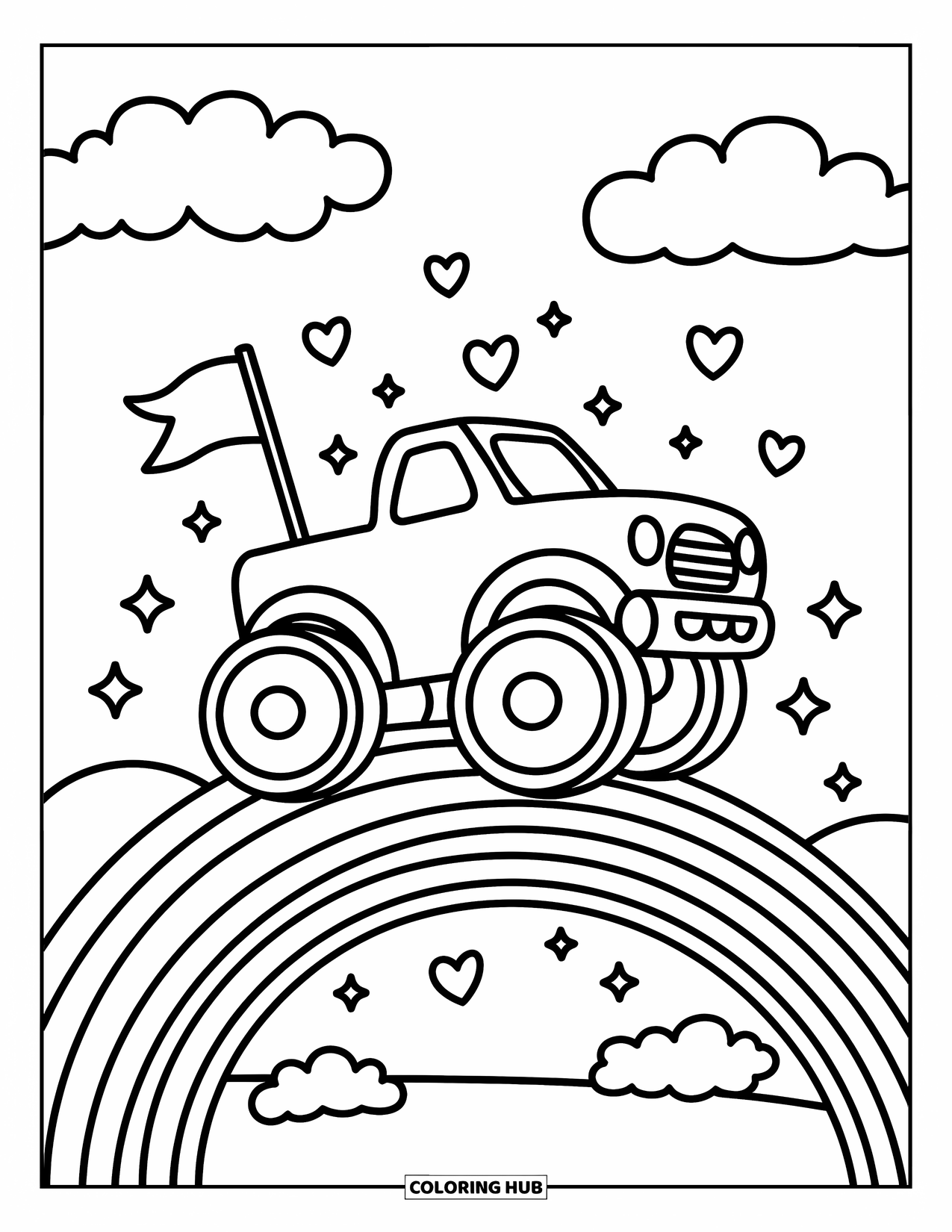Desenho de caminhão monstro para colorir para adultos: Um caminhão monstro com uma pequena bandeira salta sobre uma ponte de arco-íris, deixando um rastro de brilhos para trás