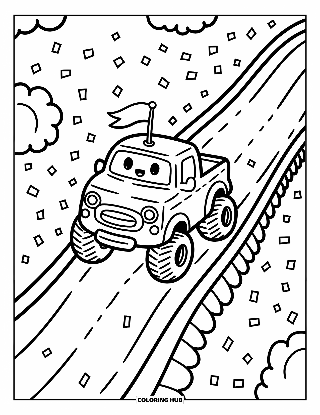 Desenho de caminhão monstro para colorir para adultos: Um caminhão monstro com uma antena e bandeira desce por um escorregador de montanha-russa extravagante