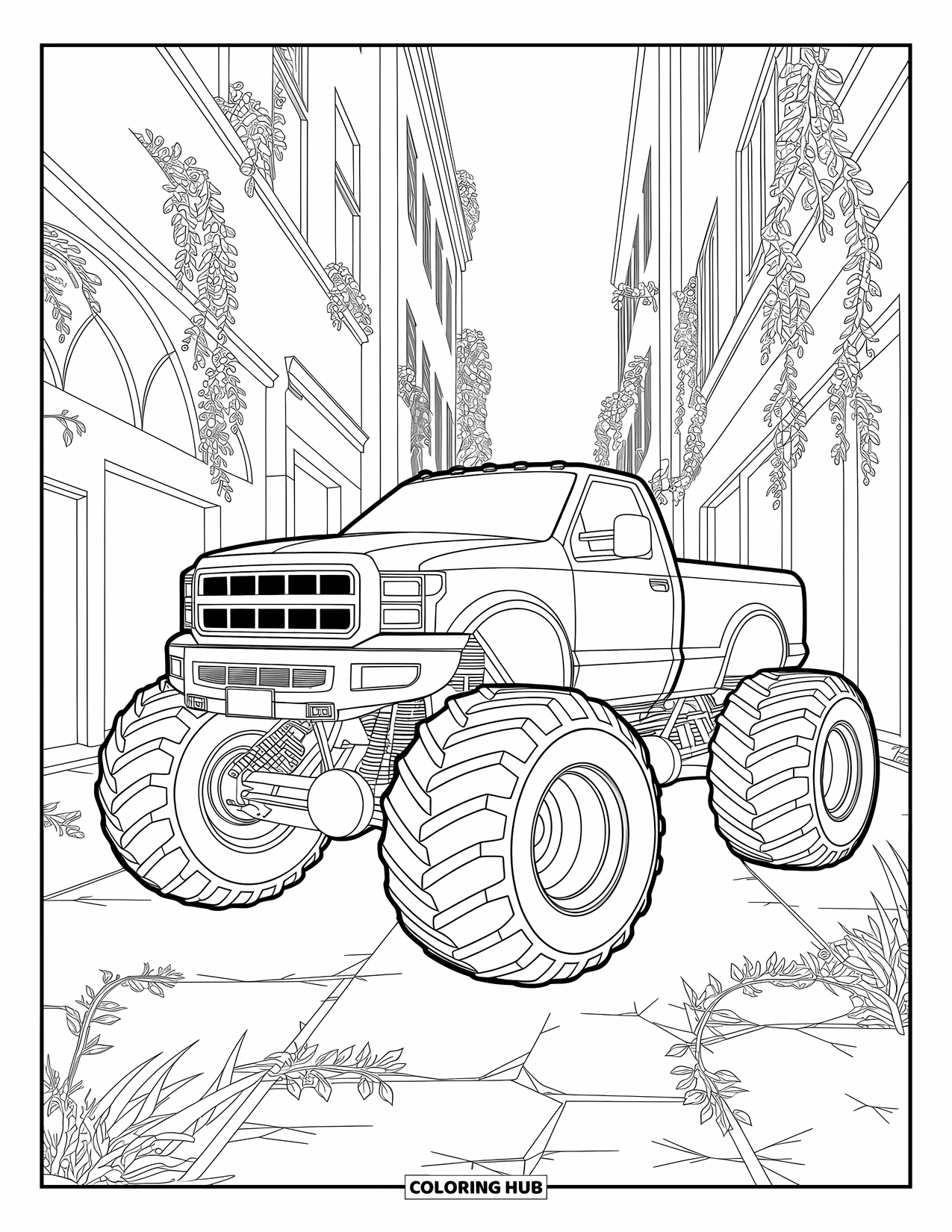 Desenho de caminhão monstro para colorir para adultos: Um caminhão monstro com pneus enormes estaciona em uma cidade desmoronando, enquanto a natureza retoma as ruínas urbanas