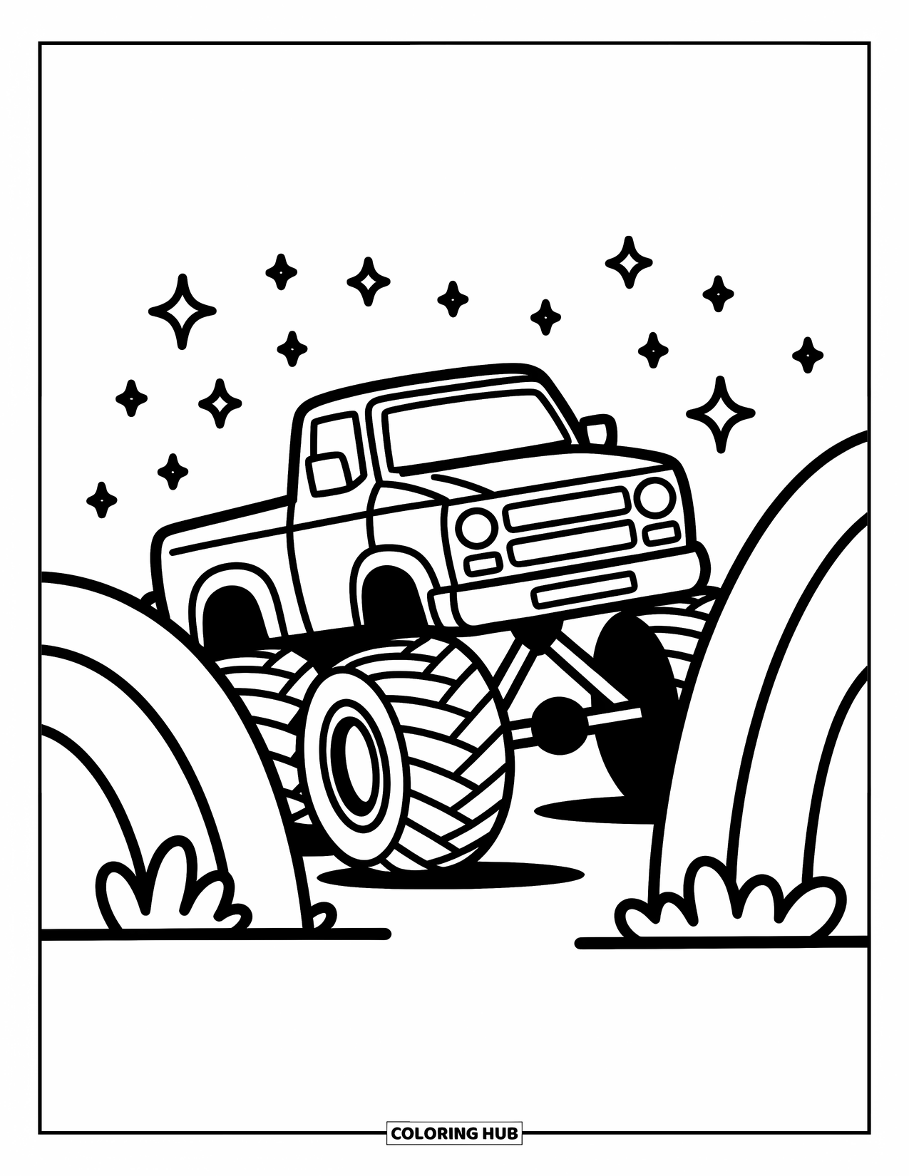 Desenho de caminhão monstro para colorir para adultos: Um caminhão monstro com rodas enormes se esconde atrás de colinas onduladas em um jogo divertido de esconde-esconde