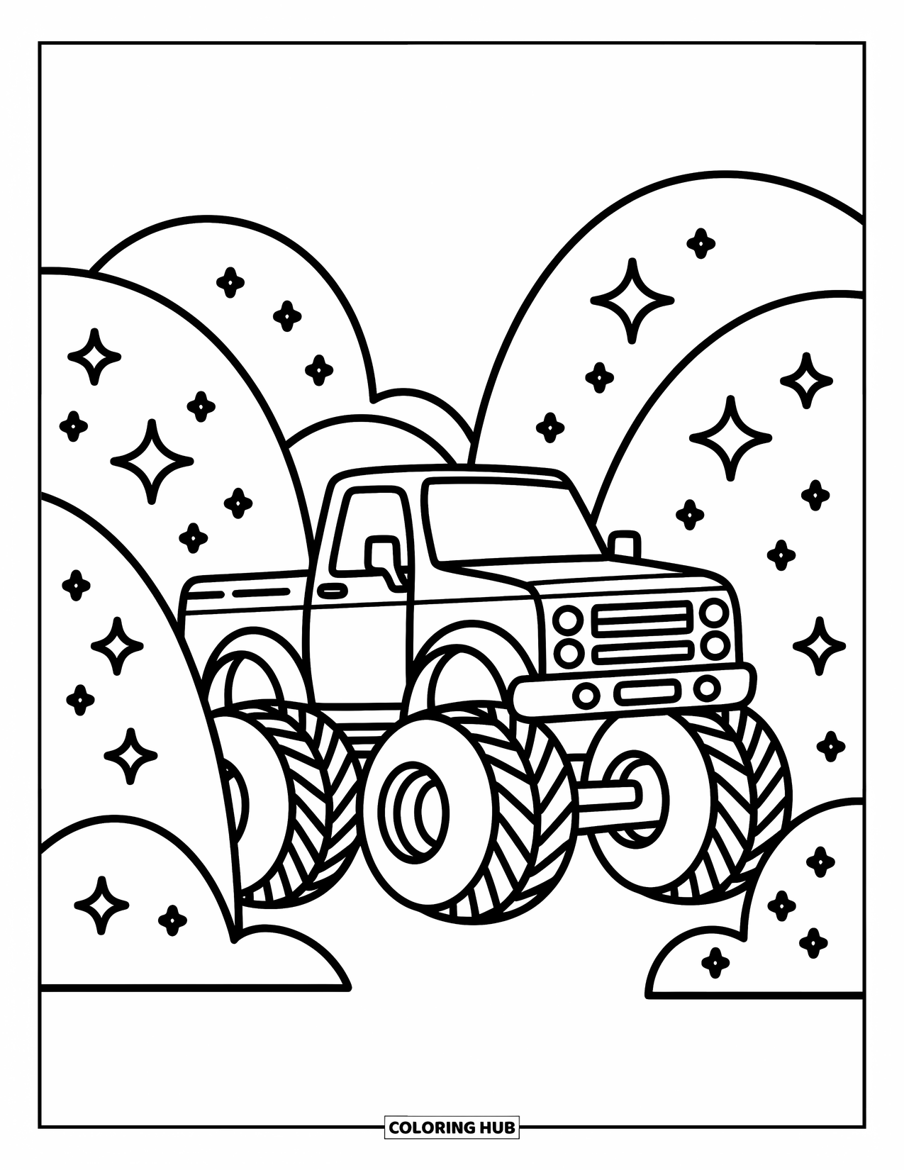 Desenho de caminhão monstro para colorir para adultos: Um caminhão monstro com rodas enormes se esconde atrás de colinas arredondadas, com brilhos adicionando um toque extravagante