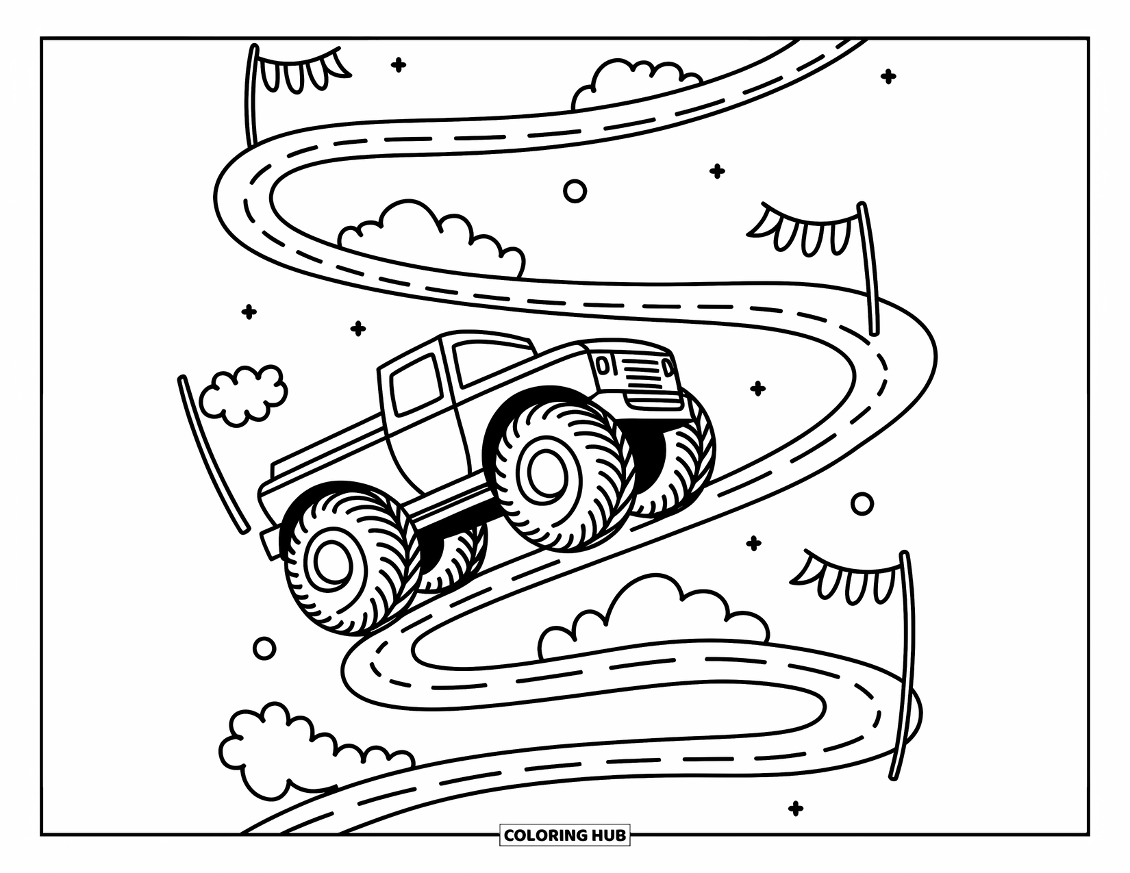 Desenho de caminhão monstro para colorir para adultos: Um caminhão monstro com rodas resistentes gira ao longo de uma estrada espiral, guiado por pequenas faixas e nuvens flutuantes