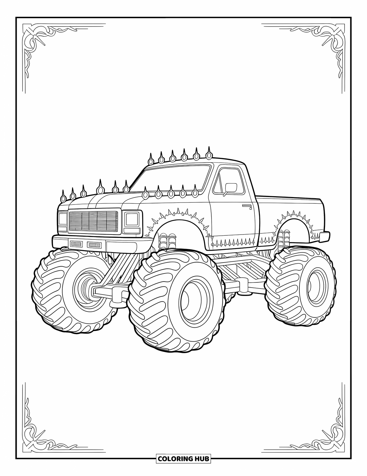 Desenho de caminhão monstro para colorir para adultos: Um caminhão gótico monstruoso com detalhes de castelo e detalhes afiados surge em uma cena assustadora e decorada