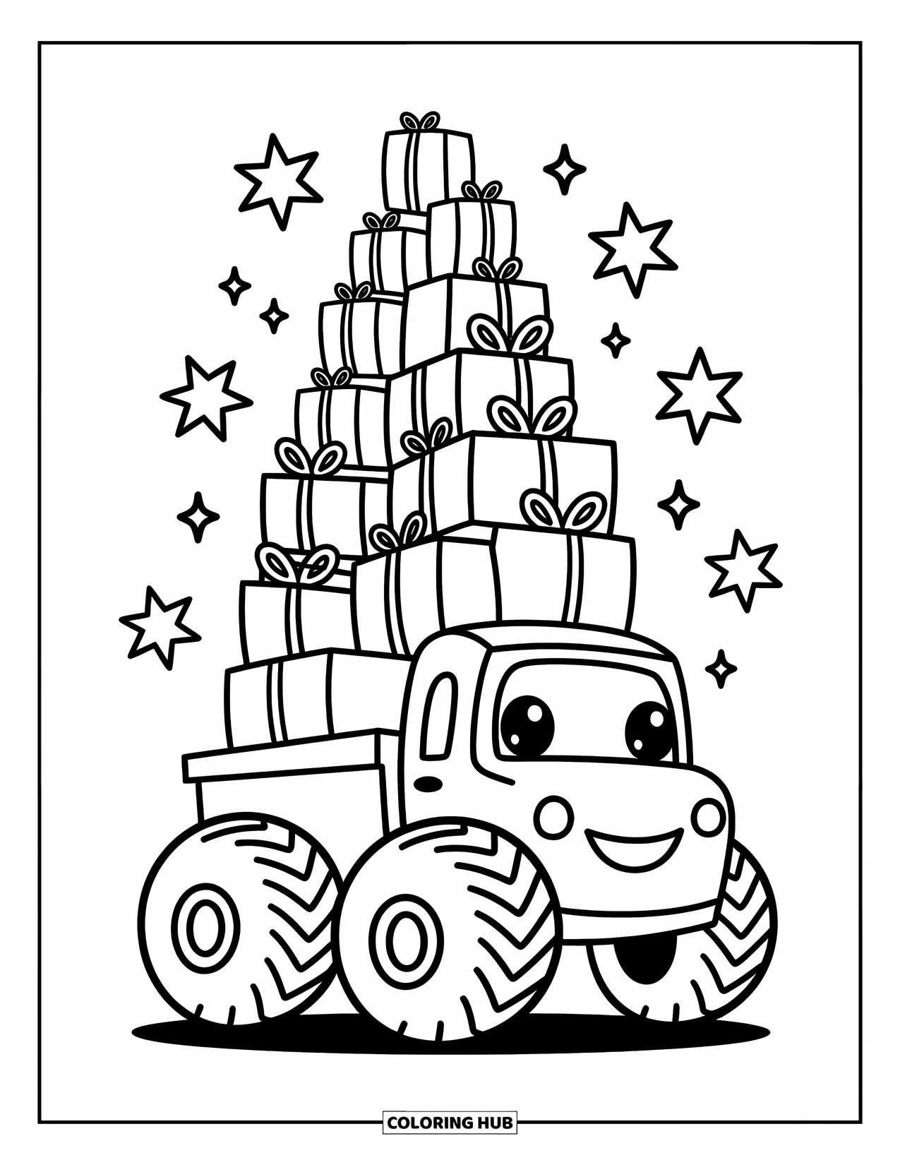 Desenho de caminhão monstro para colorir para adultos: Um caminhão monstro divertido equilibra uma torre de pequenos pacotes em seu teto enquanto estrelas flutuam ao redor