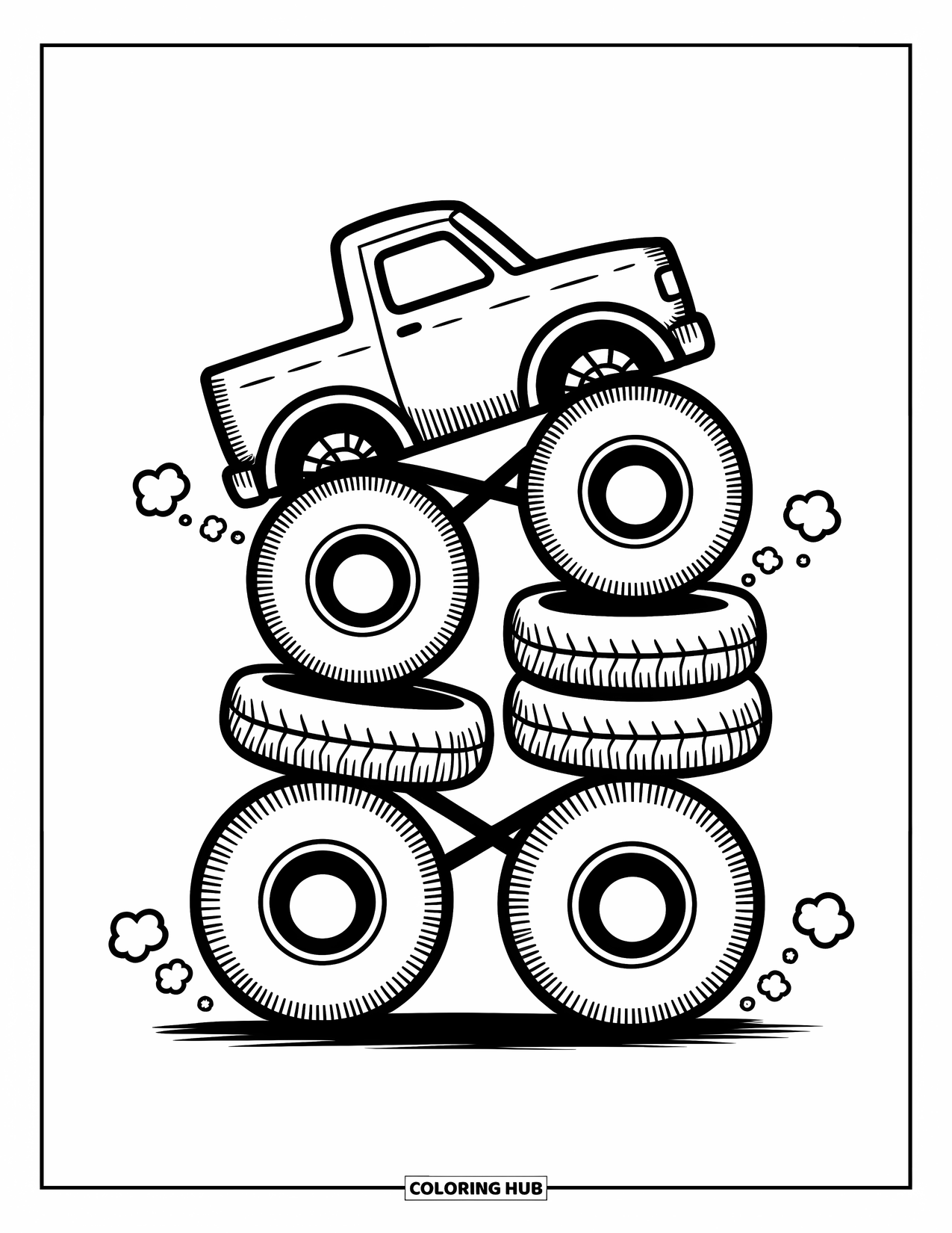 Desenho de caminhão monstro para colorir para adultos: Um caminhão monstro divertido equilibra pneus empilhados, com pequenas nuvens de poeira adicionando movimento à cena