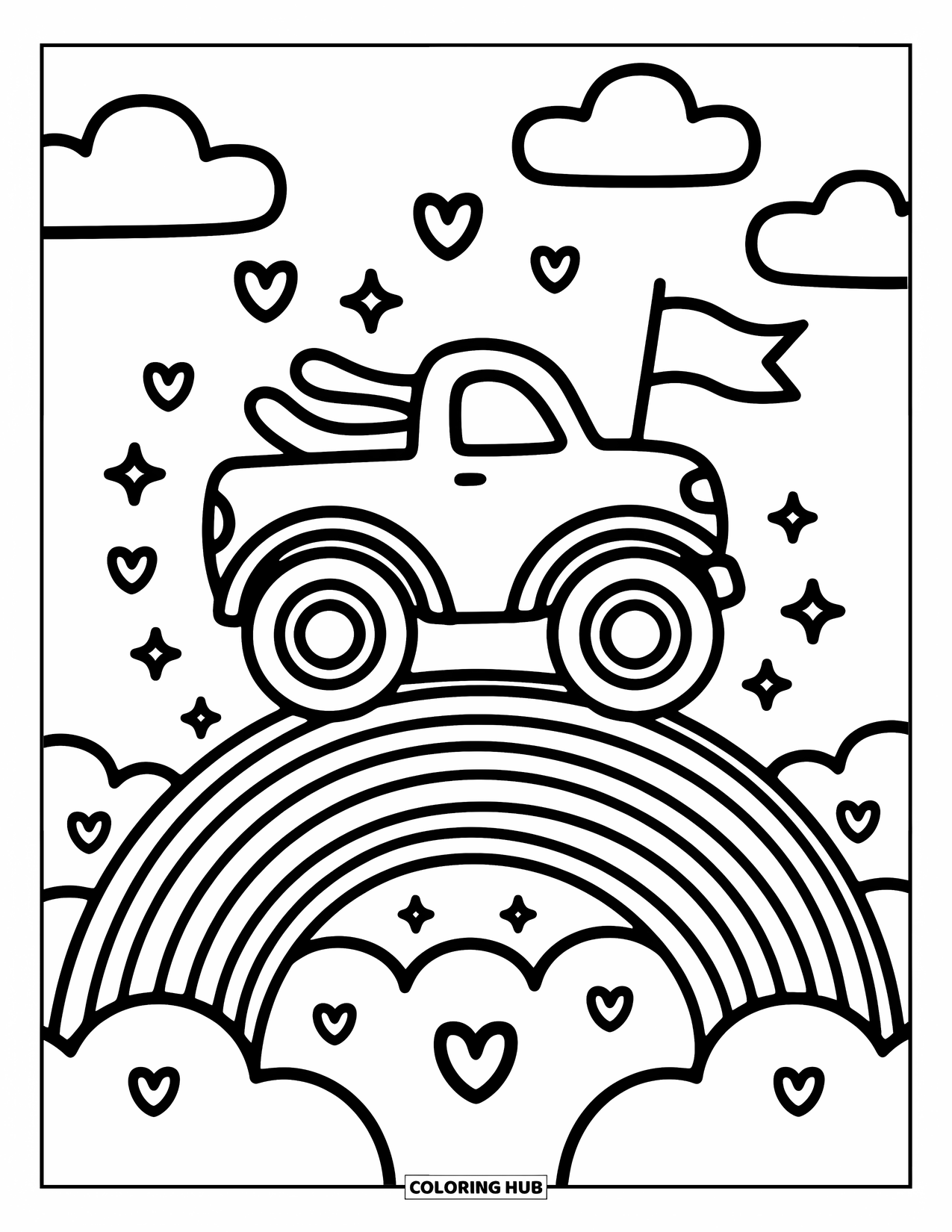 Desenho de caminhão monstro para colorir para adultos: Um caminhão monstro divertido voa sobre uma ponte de arco-íris, cercado por corações flutuantes e brilhos cintilantes