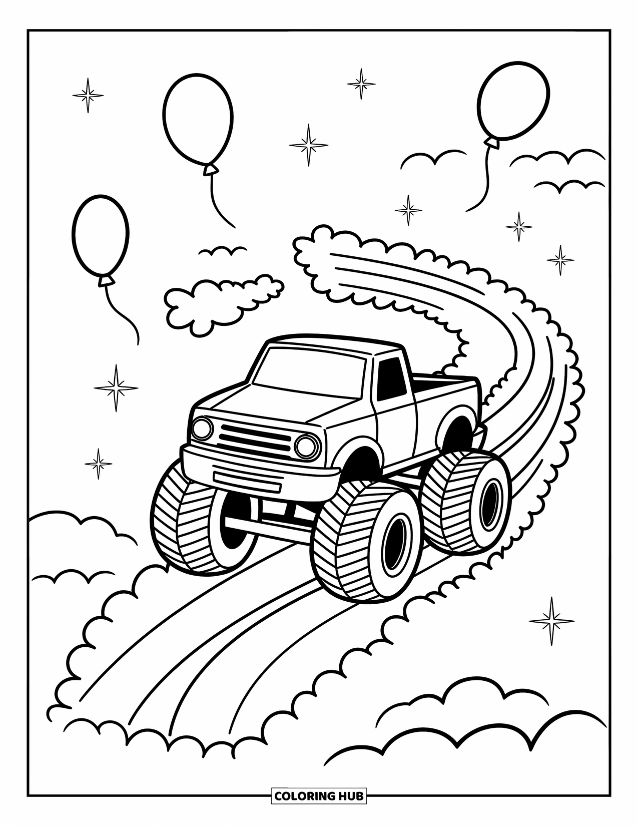 Desenho de caminhão monstro para colorir para adultos: Um caminhão monstro divertido anda em uma estrada de nuvens, com estrelinhas e balões decorando o céu