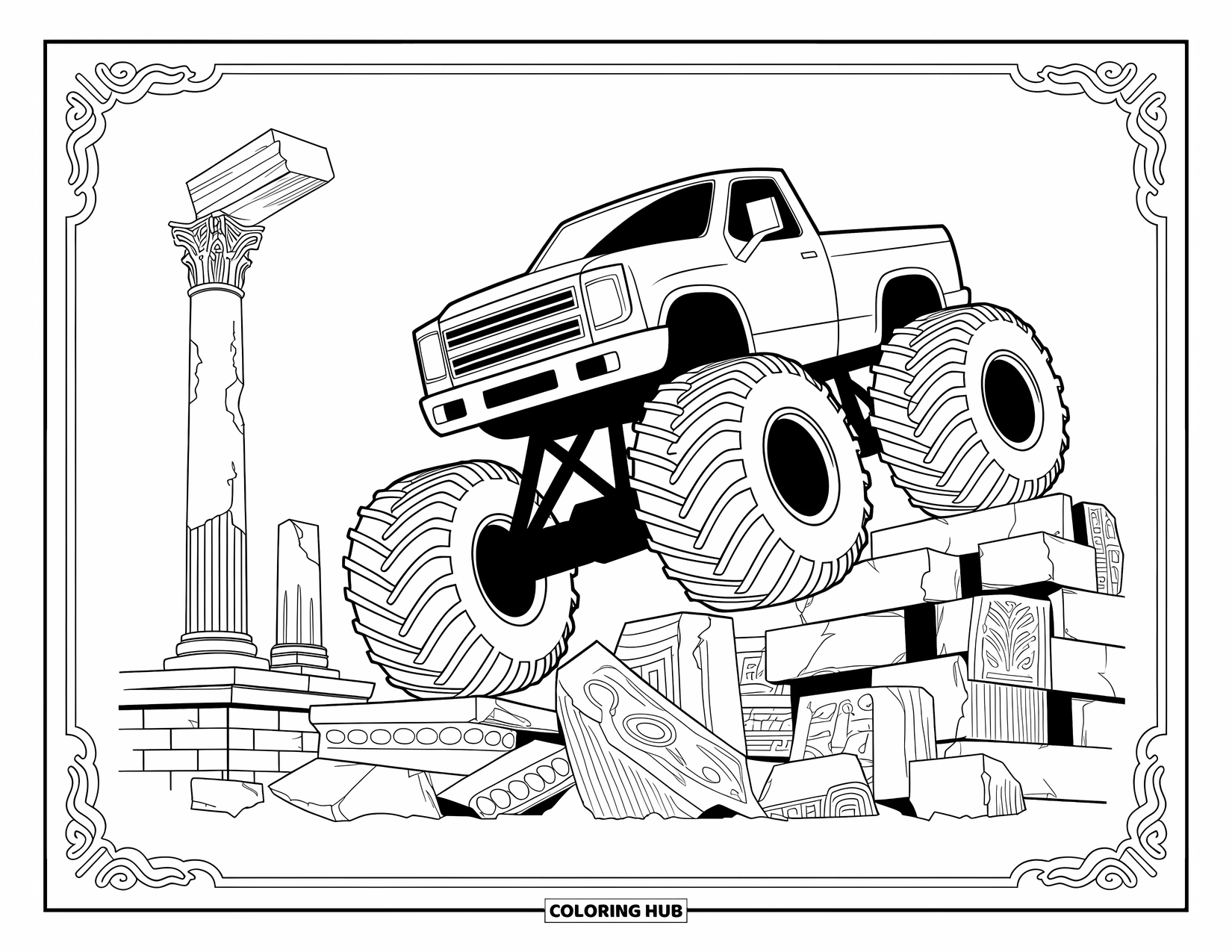 Desenho de caminhão monstro para colorir para adultos: Um caminhão monstro poderoso sobe sobre ruínas antigas, espalhando fragmentos de pedras intrincadamente esculpidas
