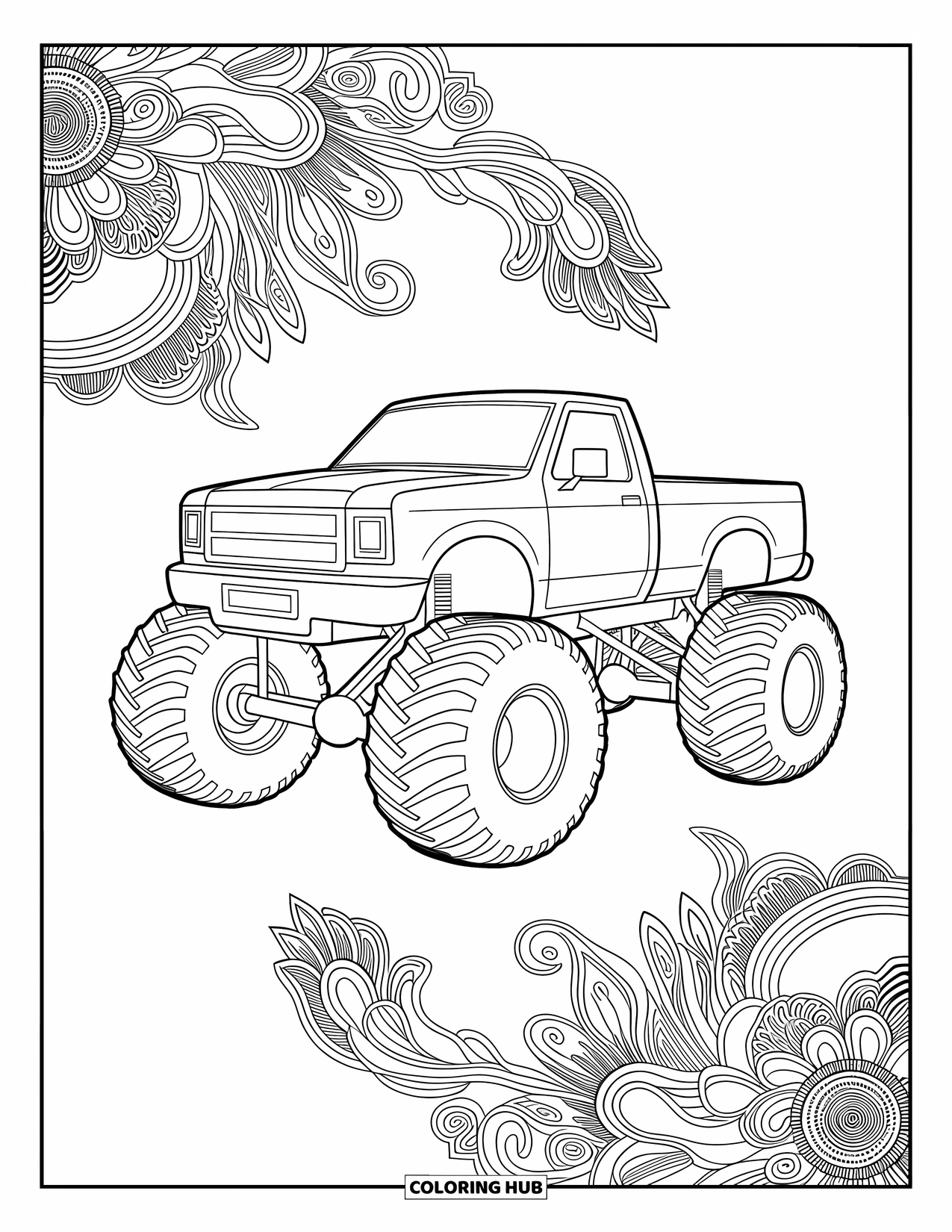 Desenho de caminhão monstro para colorir para adultos: Um caminhão monstro robusto fica no centro de padrões de mandala fluidos, criando uma composição artística