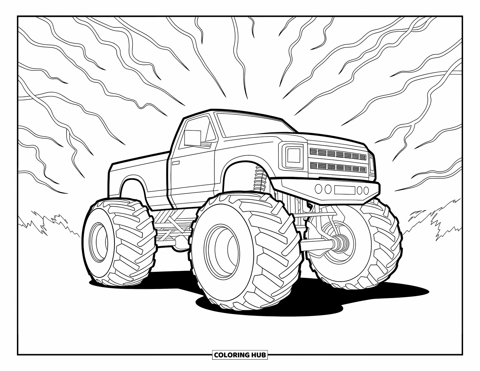 Desenho de caminhão monstro para colorir para adultos: Um caminhão monstro robusto se destaca em uma tempestade, enquanto raios brilham e ventos giram ao seu redor