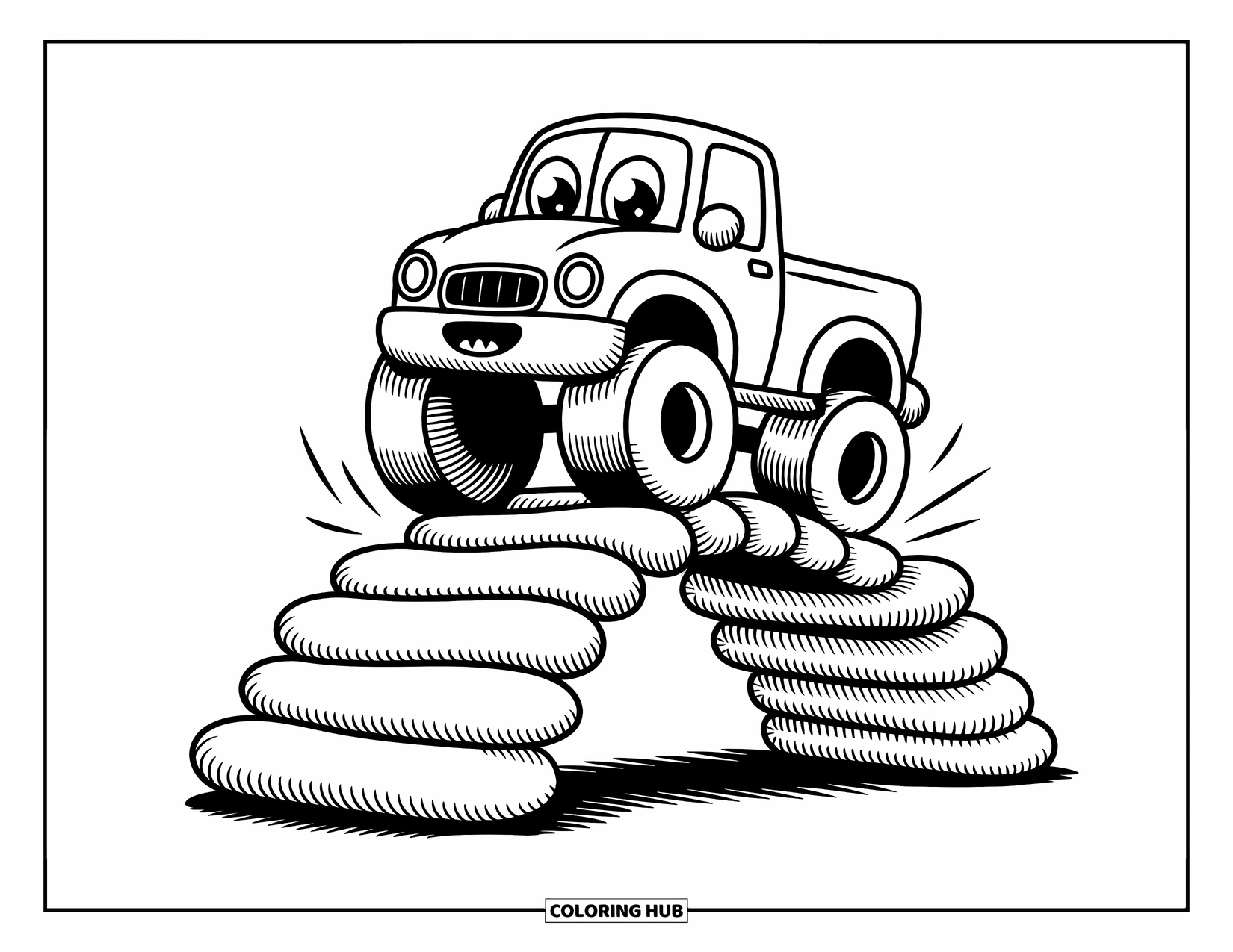 Desenho de caminhão monstro para colorir para adultos: Um caminhão monstro sorrindo quica sobre uma ponte feita de travesseiros macios e fofos