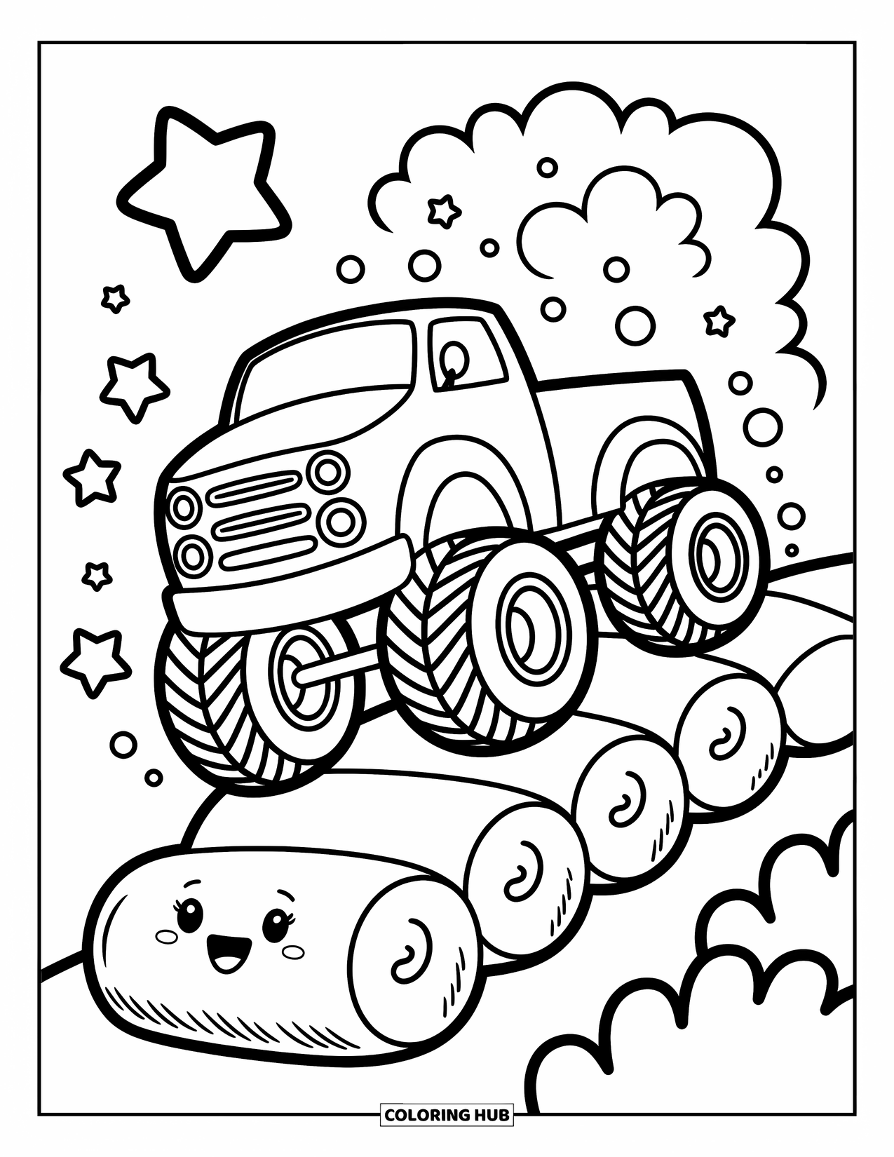 Desenho de caminhão monstro para colorir para adultos: Um caminhão monstro sorrindo quica alegremente ao longo de uma estrada de marshmallow, cercado por brilhos extravagantes