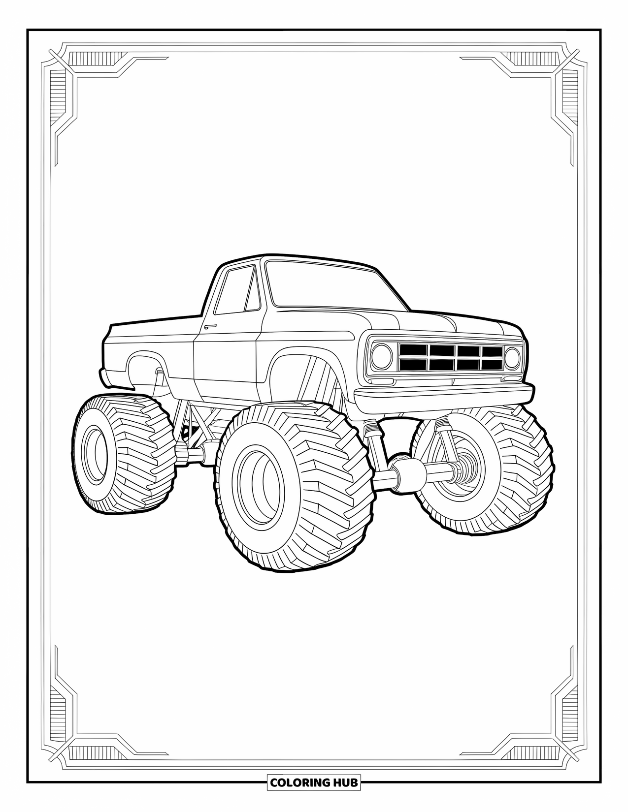 Desenho de caminhão monstro para colorir para adultos: Uma planta de caminhão monstro intrincadamente desenhada destaca sua estrutura, engrenagens e detalhes mecânicos