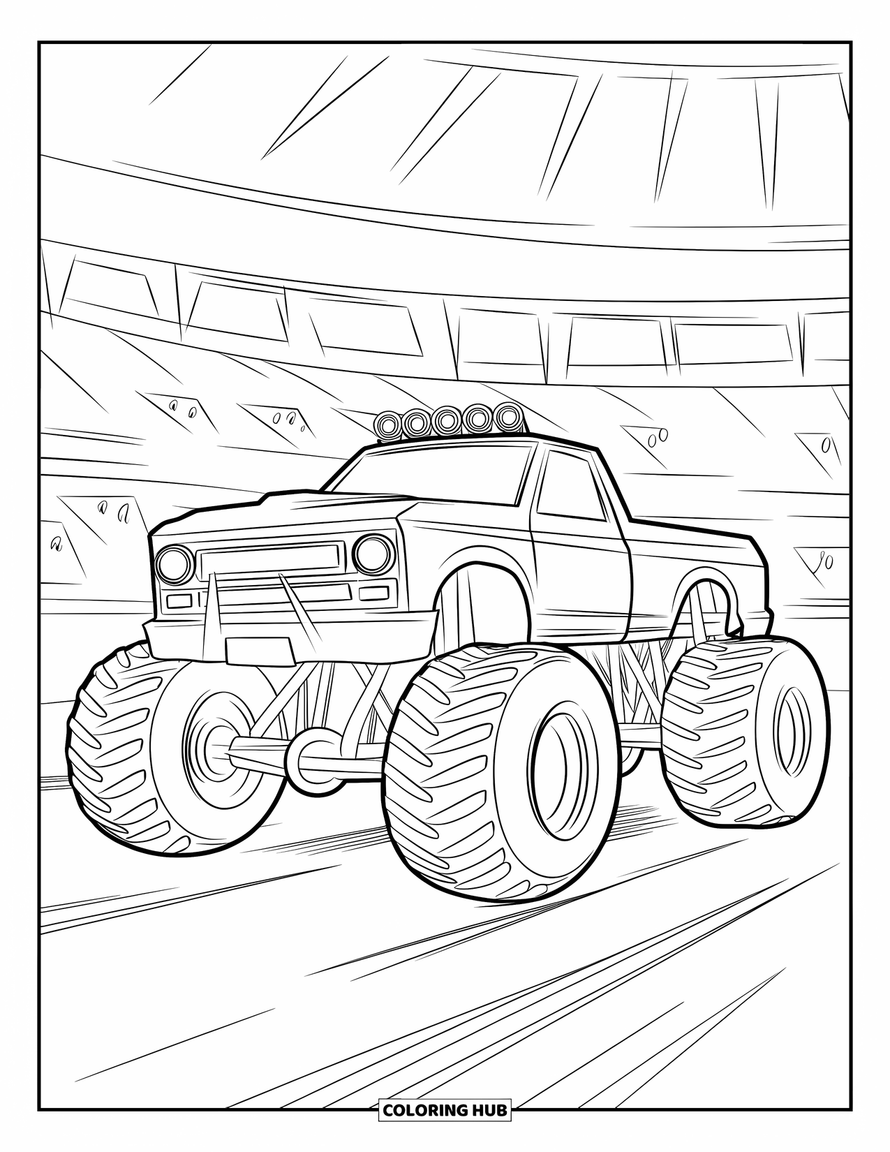 Desenho de caminhão monstro para colorir para crianças: Um caminhão monstro estilo batalha com uma estrutura reforçada e faróis afiados fica ameaçadoramente em uma arena