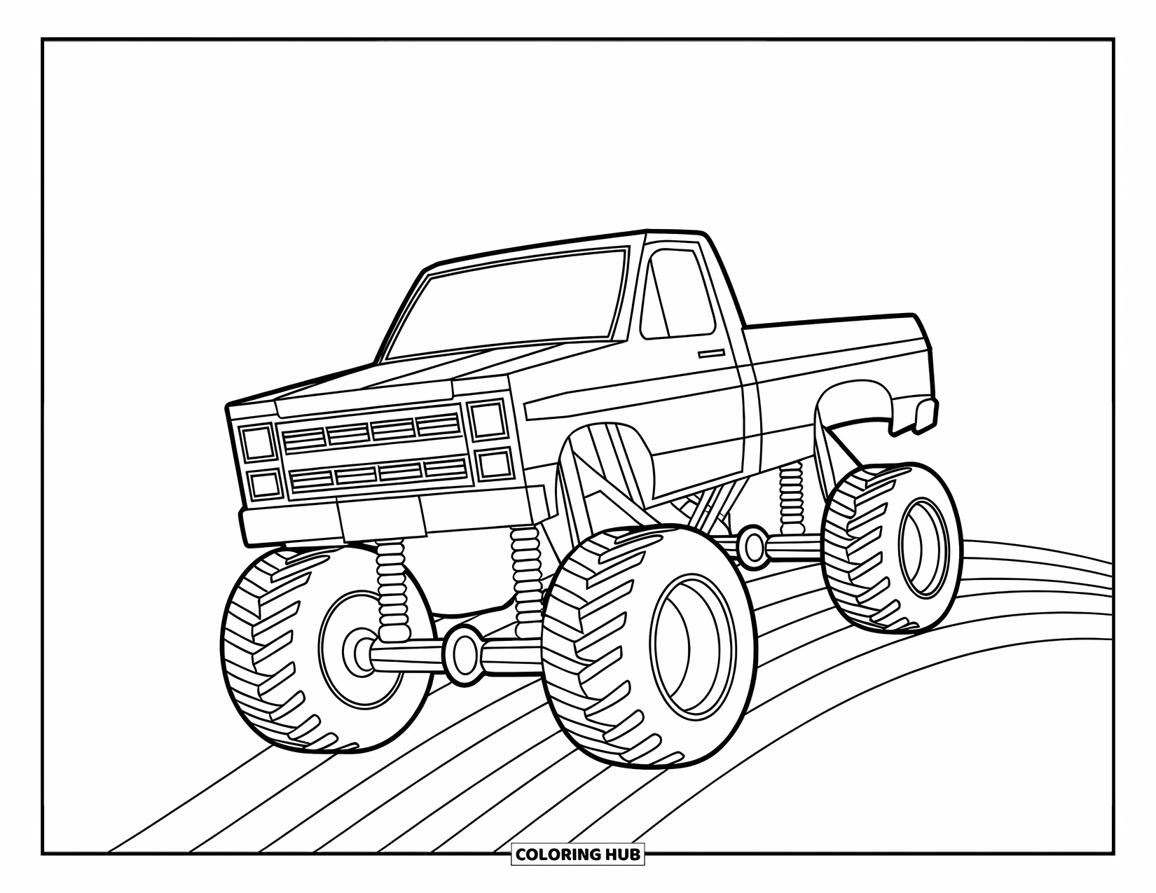 Desenho de caminhão monstro para colorir para crianças: Um caminhão monstro quadrado com suspensão grossa salta sobre um arco-íris sob um céu claro