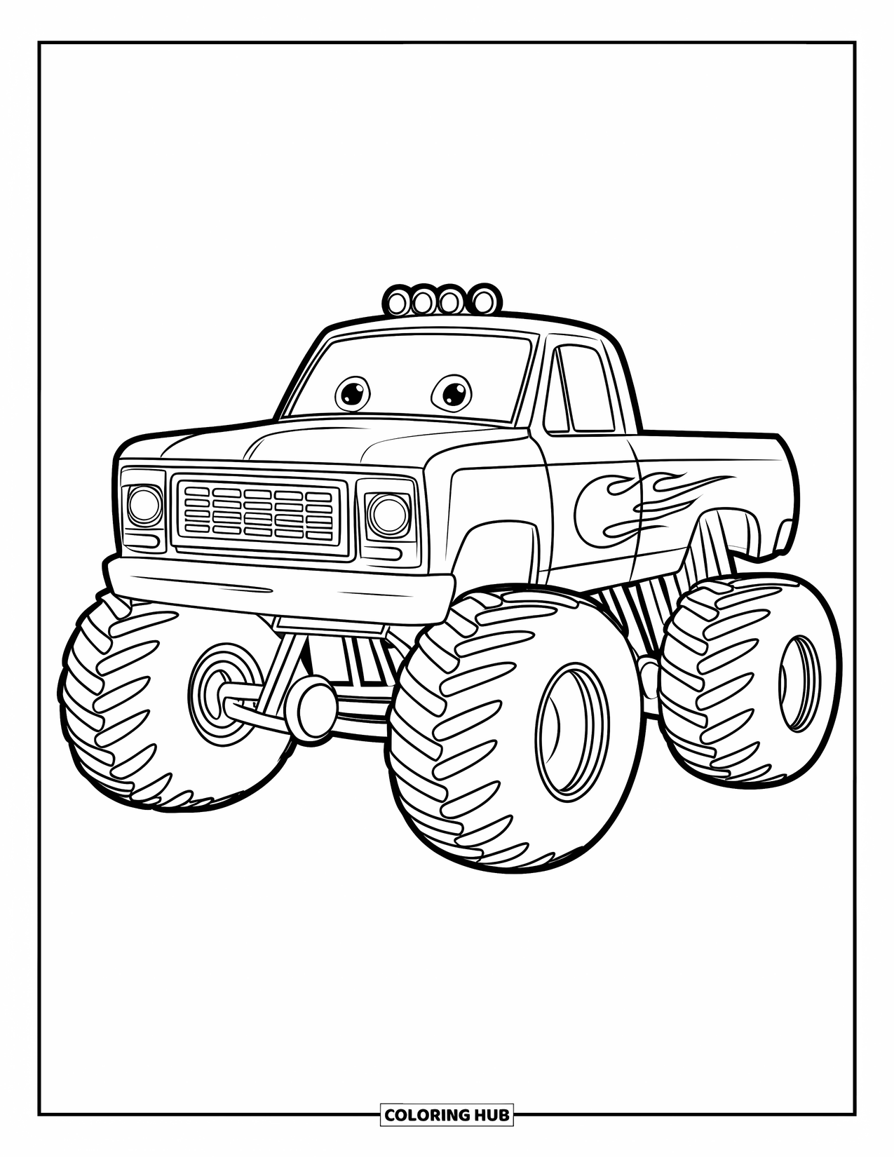 Desenho de caminhão monstro para colorir para crianças: Um caminhão monstro de desenho animado com uma grade ousada e decalque de chamas é mostrado de uma vista lateral