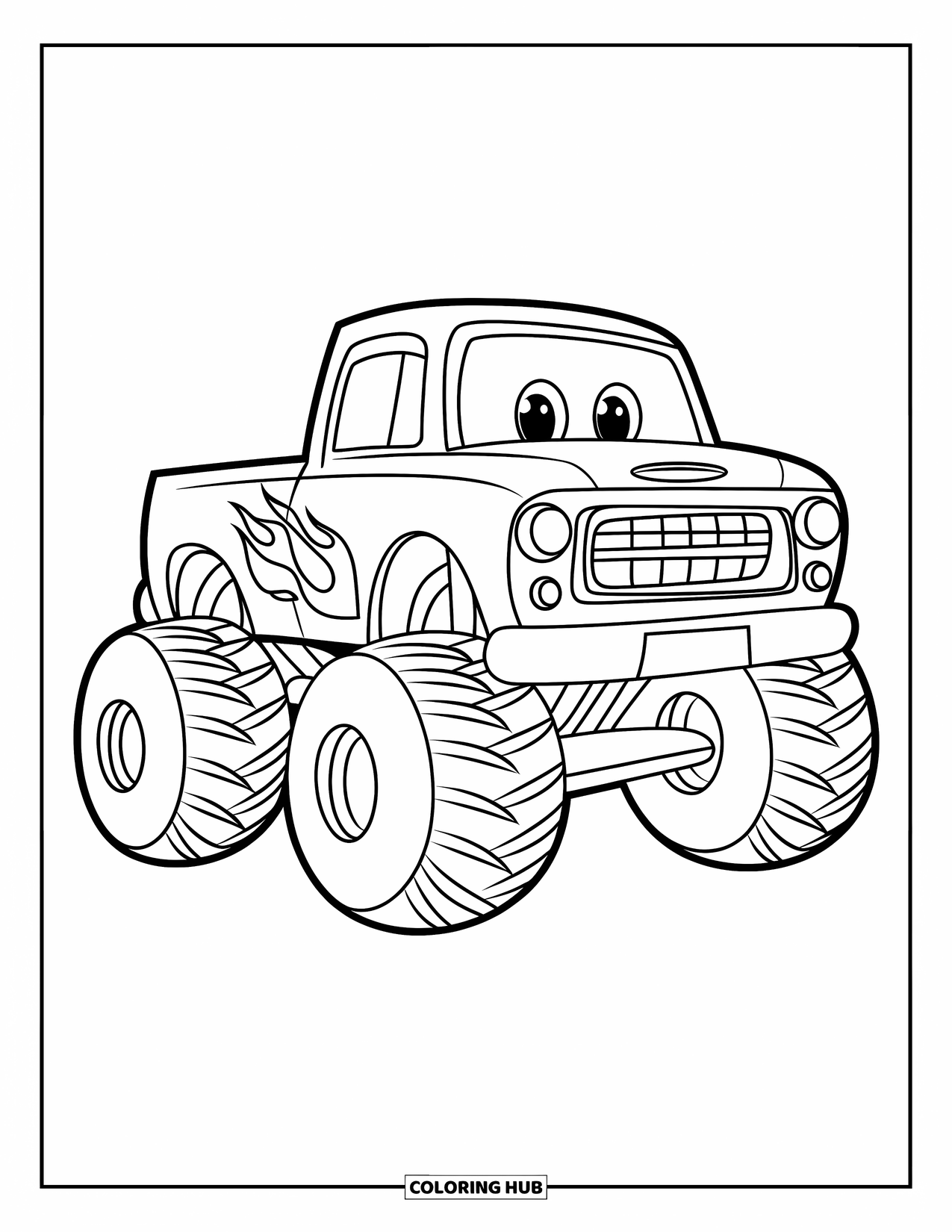 Desenho de caminhão monstro para colorir para crianças: Um caminhão monstro estilo desenho animado com uma grande grade frontal e um decalque de chama simples está sentado de perfil