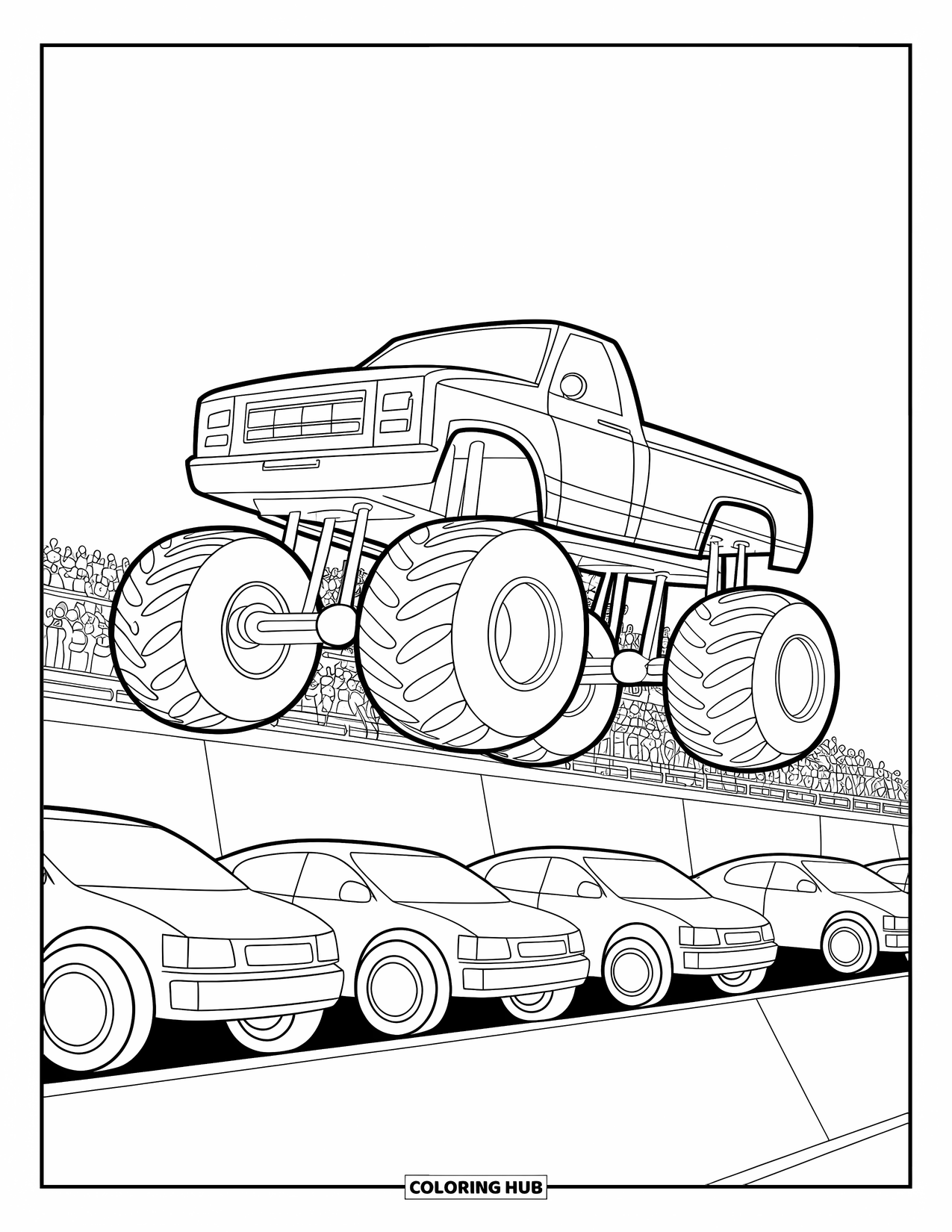 Desenho de caminhão monstro para colorir para crianças: Um caminhão monstro alegre com rodas grandes salta sobre carros em um estádio lotado