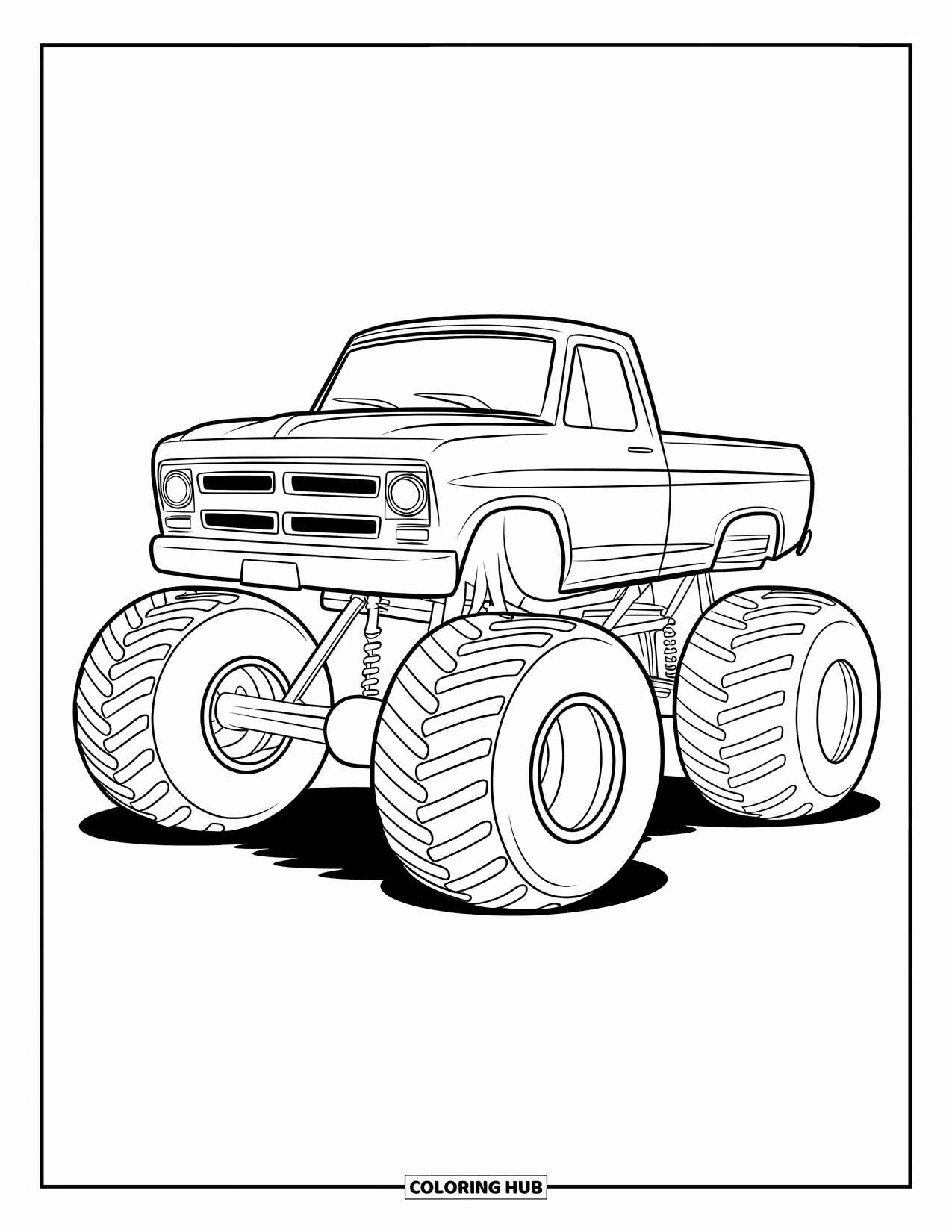 Desenho de caminhão monstro para colorir para crianças: Um caminhão monstro alegre com rodas grandes está estacionado com um design simples e ousado