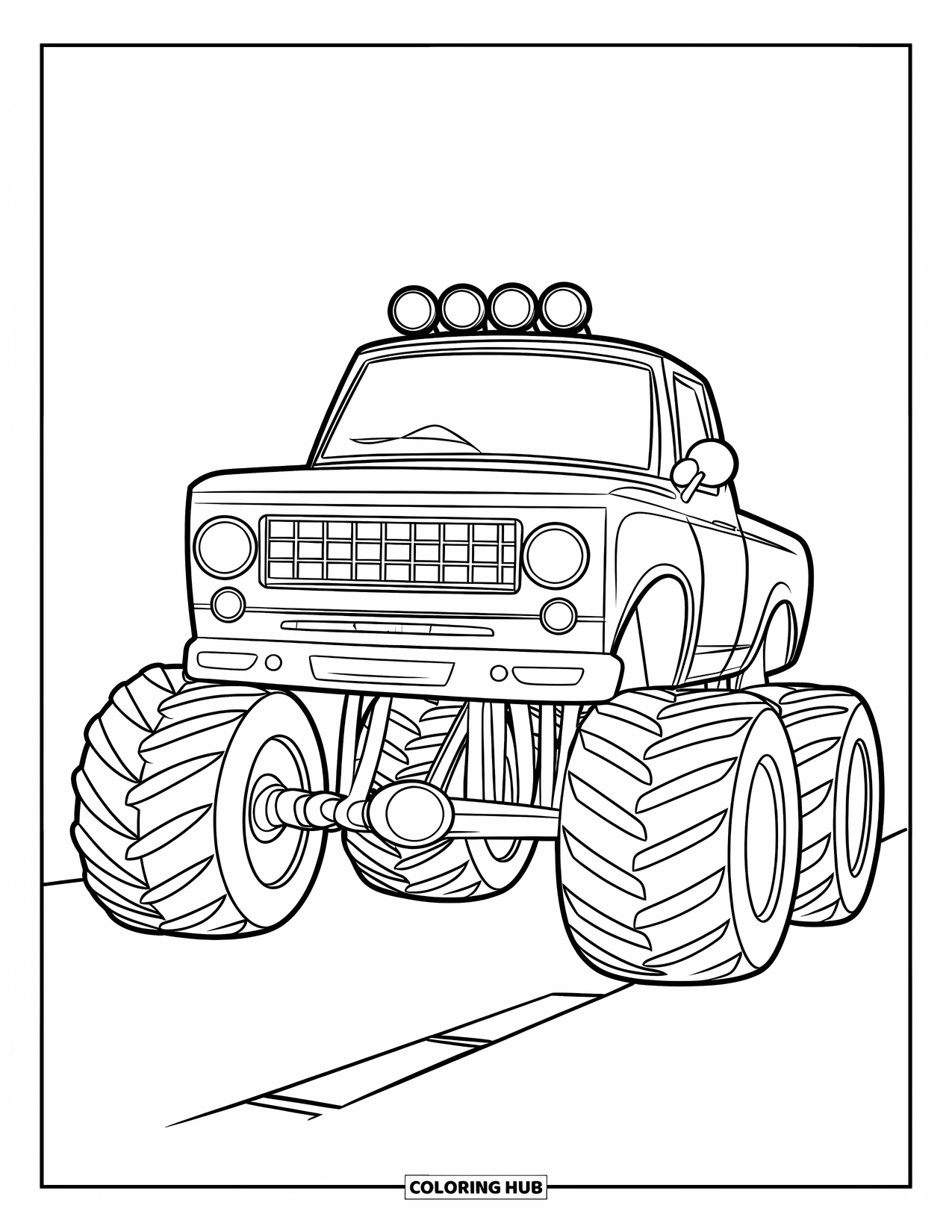Desenho de caminhão monstro para colorir para crianças: Um caminhão monstro frontal com uma grade e faróis grandes fica em uma estrada aberta