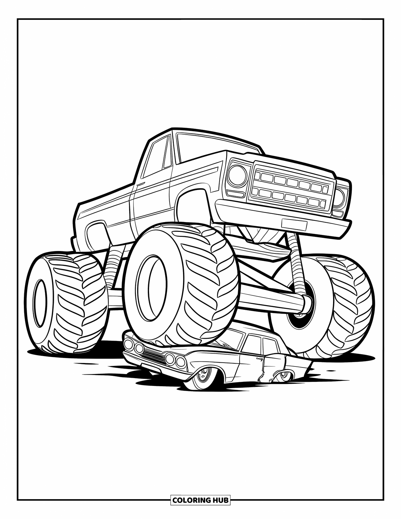 Desenho de caminhão monstro para colorir para crianças: Uma vista frontal de um caminhão monstro esmagando um carro danificado, com seus pneus grandes dominando a cena