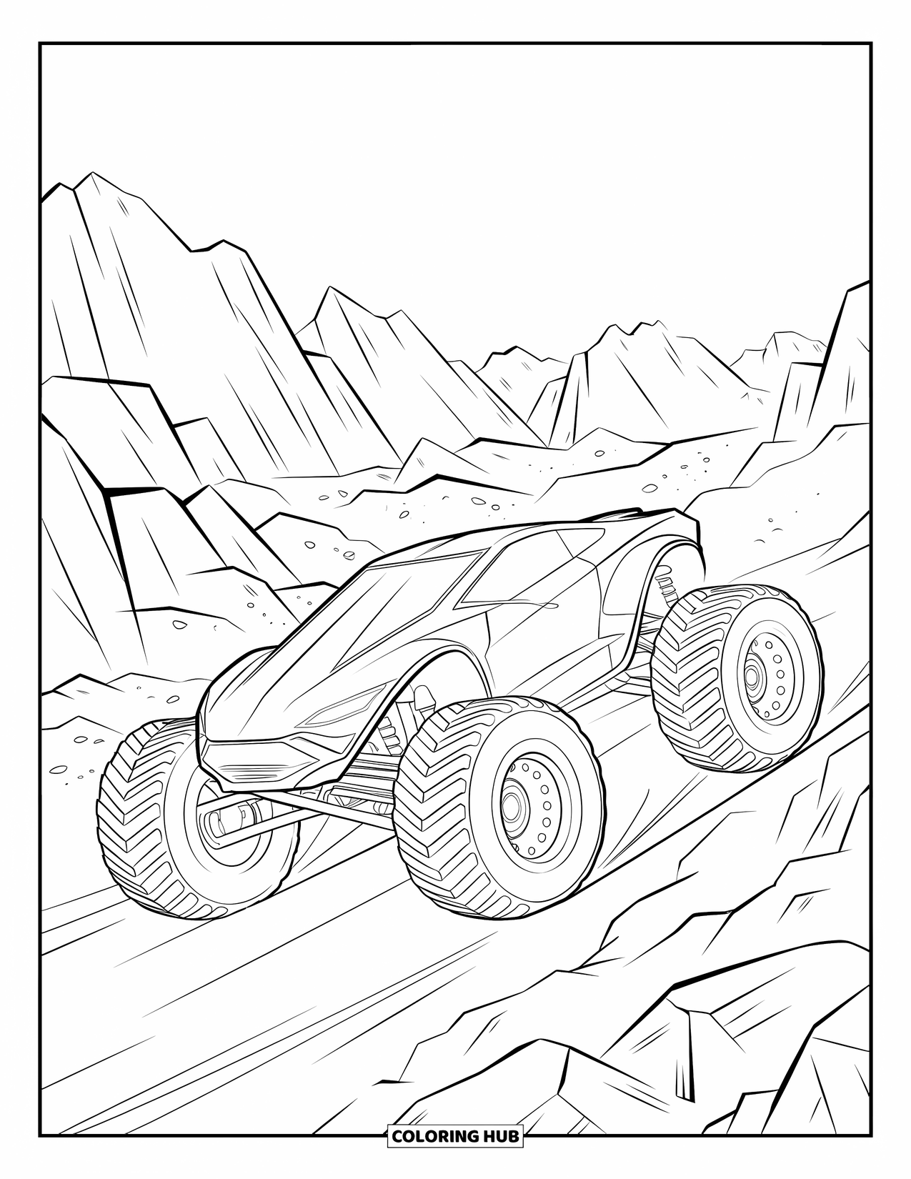 Desenho de caminhão monstro para colorir para crianças: Um caminhão monstro de alta suspensão com um corpo elegante avança por um terreno montanhoso e rochoso