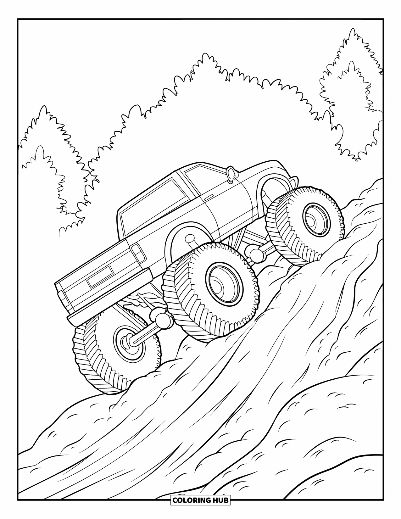 Desenho de caminhão monstro para colorir para crianças: Um caminhão monstro enfrenta um caminho escorregadio e rochoso, cercado por árvores imponentes na névoa