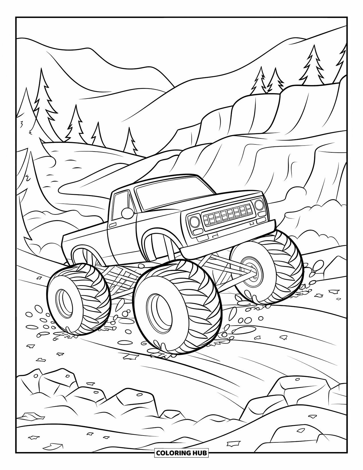 Desenho de caminhão monstro para colorir para crianças: Um caminhão monstro salta sobre terreno rochoso, espalhando sujeira enquanto acelera pelas montanhas