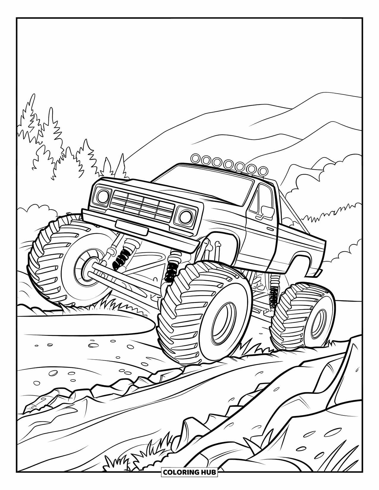 Desenho de caminhão monstro para colorir para crianças: Um caminhão monstro sobe um caminho íngreme e rochoso em um intenso desafio de sobrevivência off-road